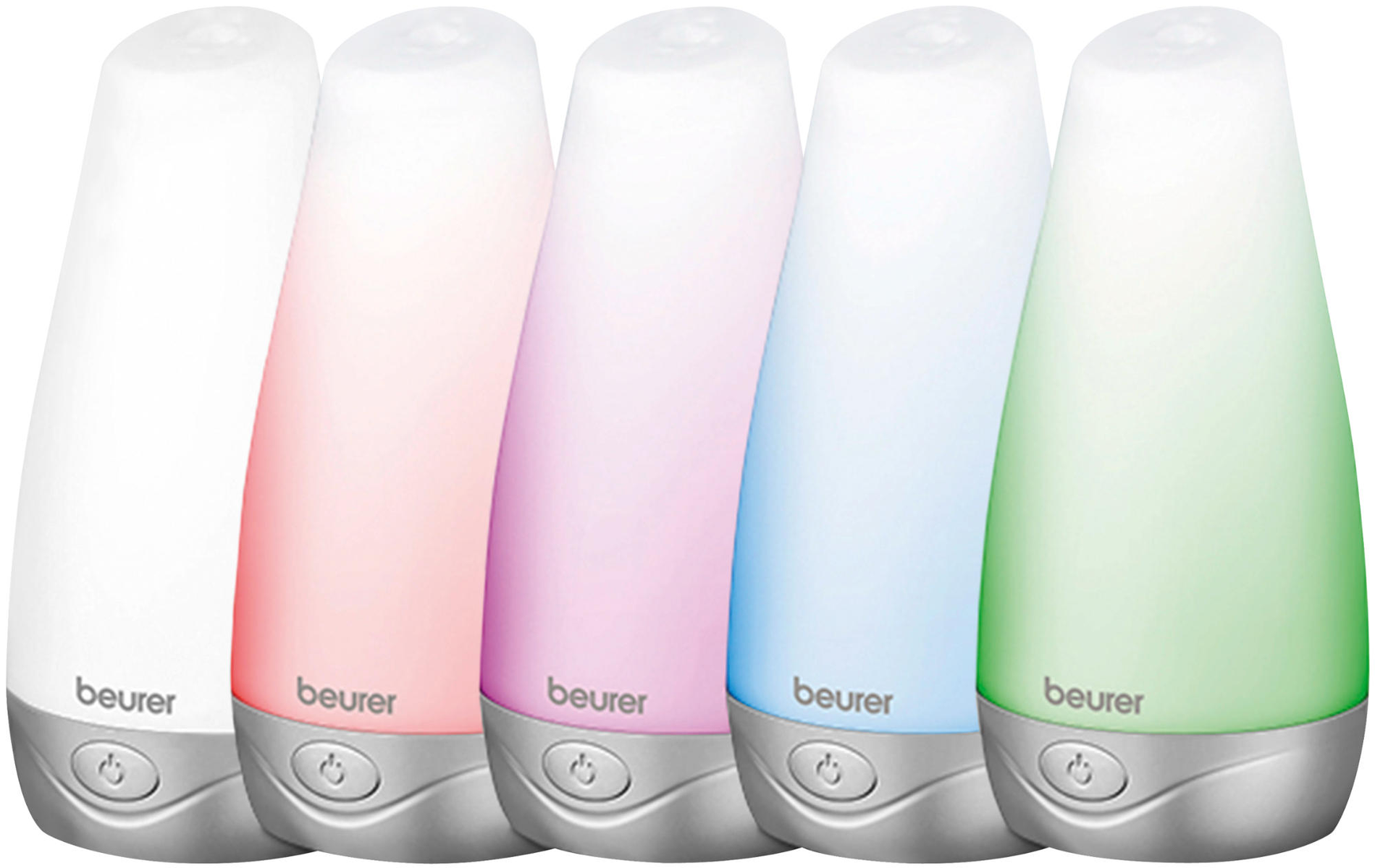 Cinq lampes de luminothérapie colorées en rangée. Chacune a une couleur différente.