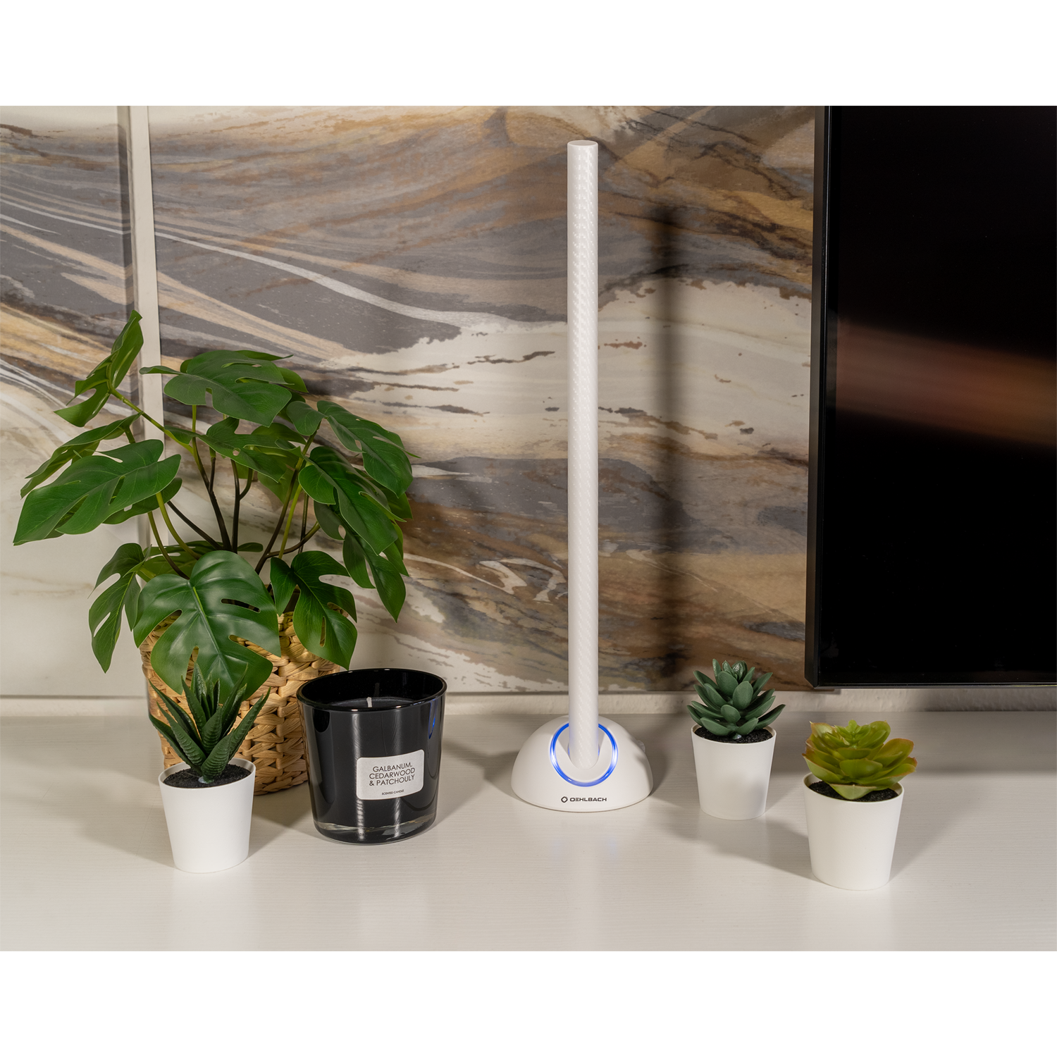 Moderne Wohnkultur mit Pflanzen, einer Kerze und einer weißen Leuchte auf einem weißen Tisch. Ein Fernseher im Hintergrund.