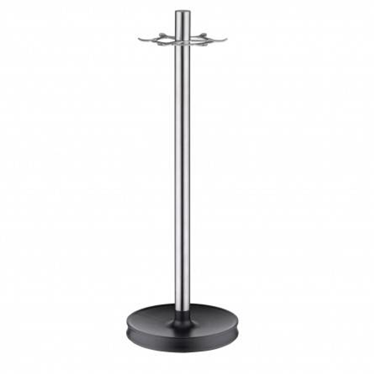 Soporte plateado para brochas de afeitar. Base redonda, poste central y múltiples soportes para brochas.