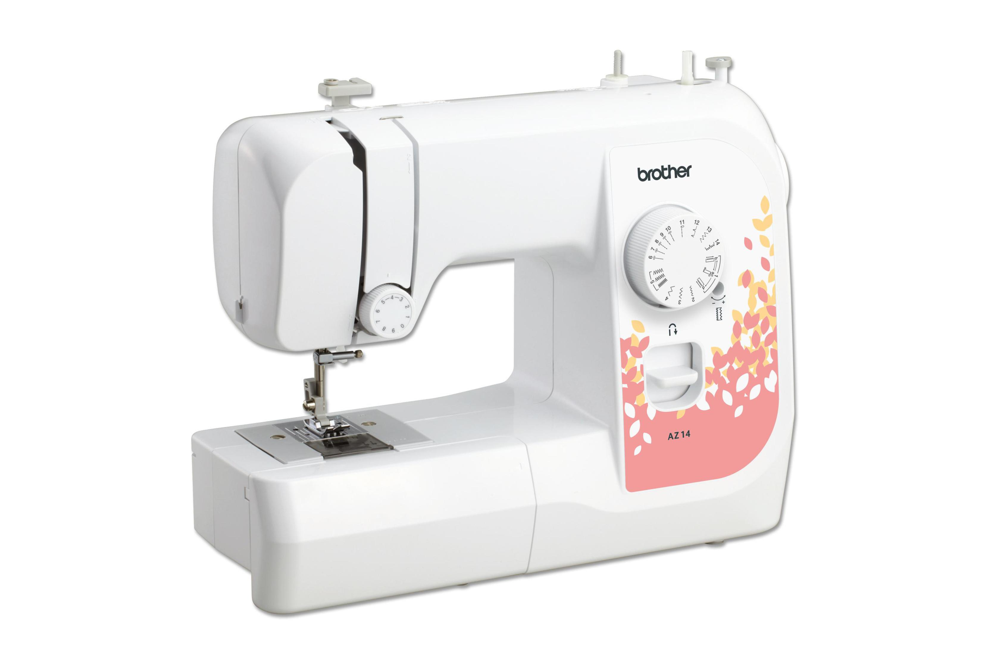 Weiße Brother Nähmaschine. Hat Drehknöpfe, Tasten und ein Blumendesign in Rosa und Gelb.