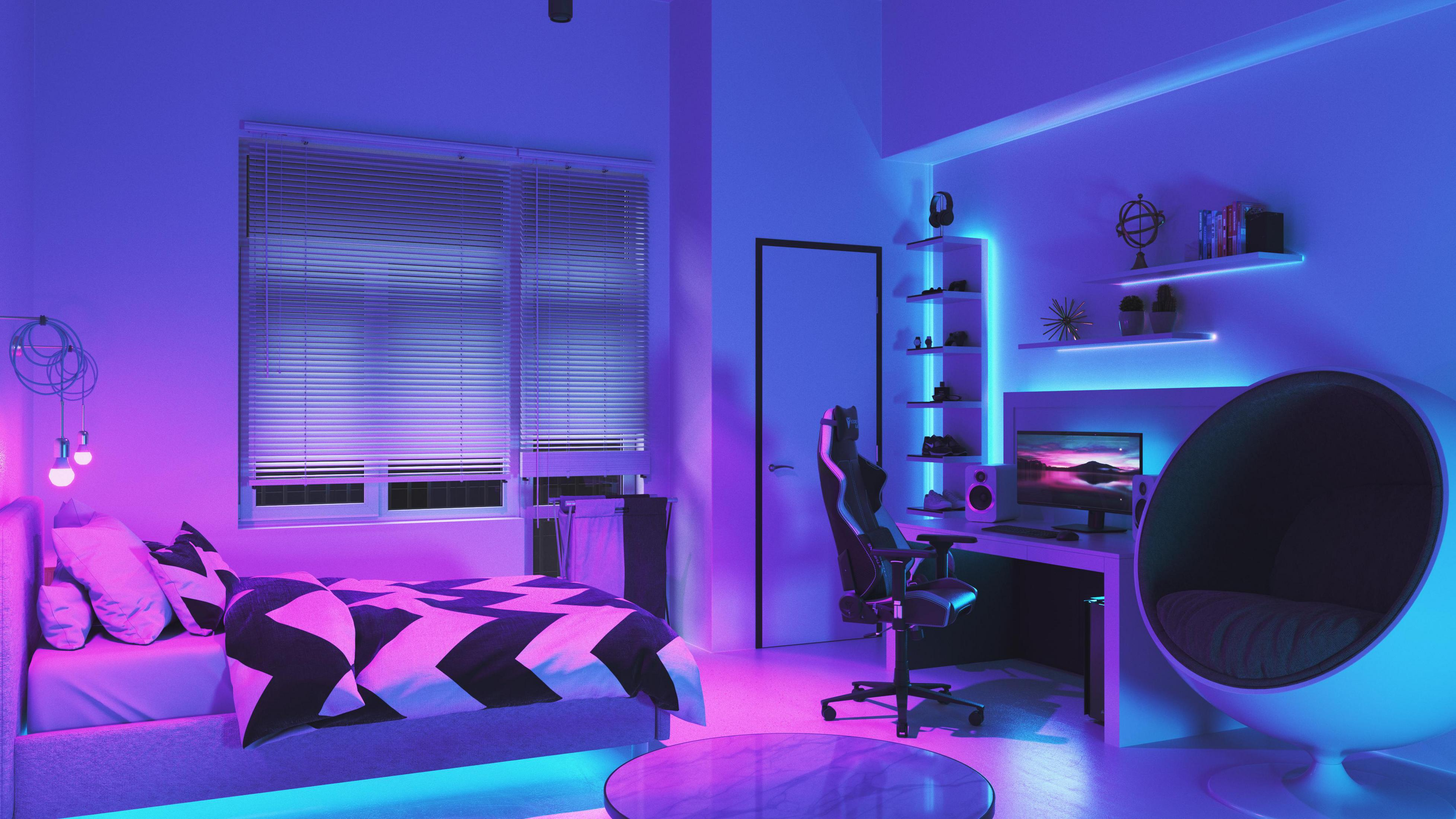 Ein modernes Gaming-Zimmer mit Bett, Schreibtisch, Stuhl und Neonbeleuchtung.
