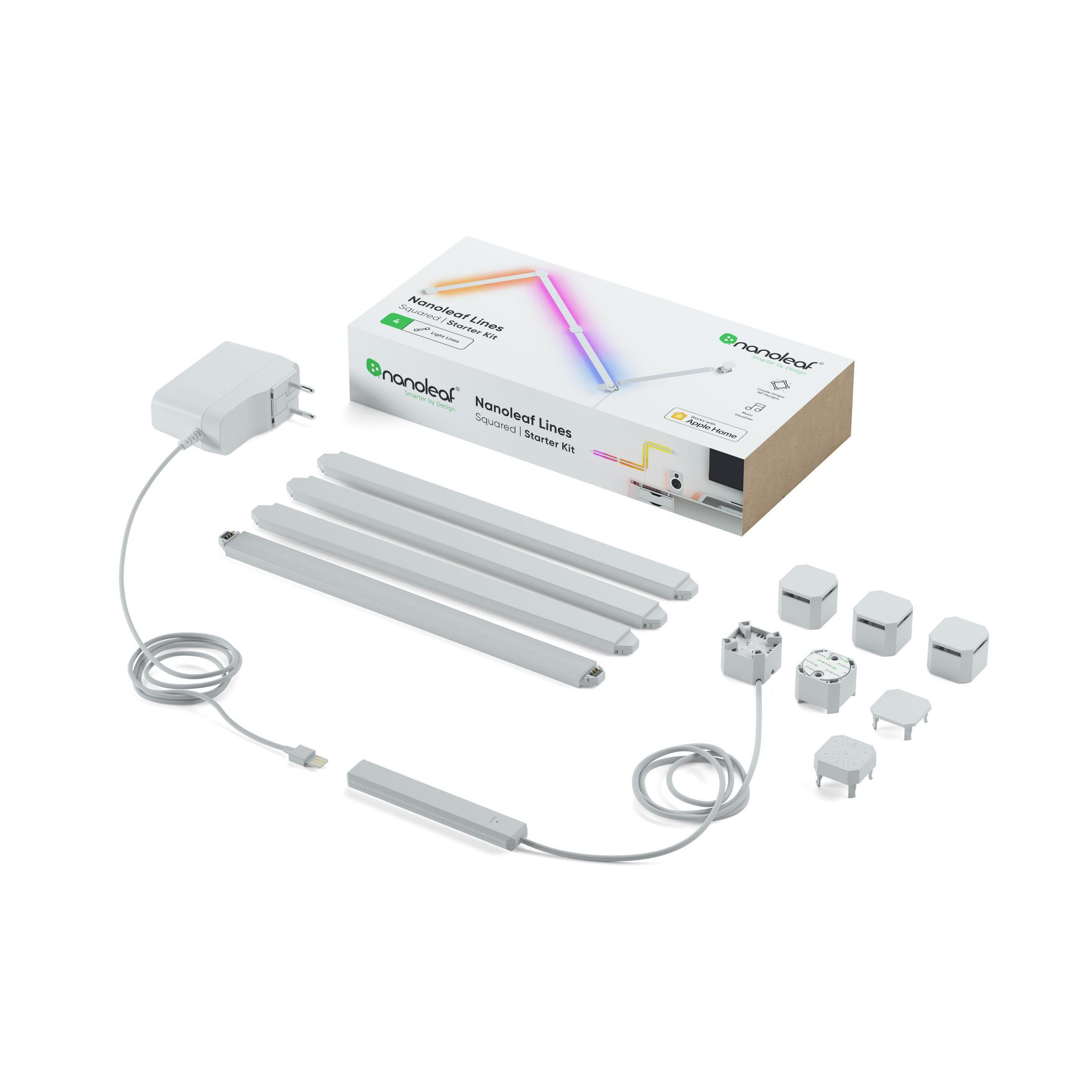 Kit di avviamento Nanoleaf Lines con componenti e un adattatore di alimentazione.