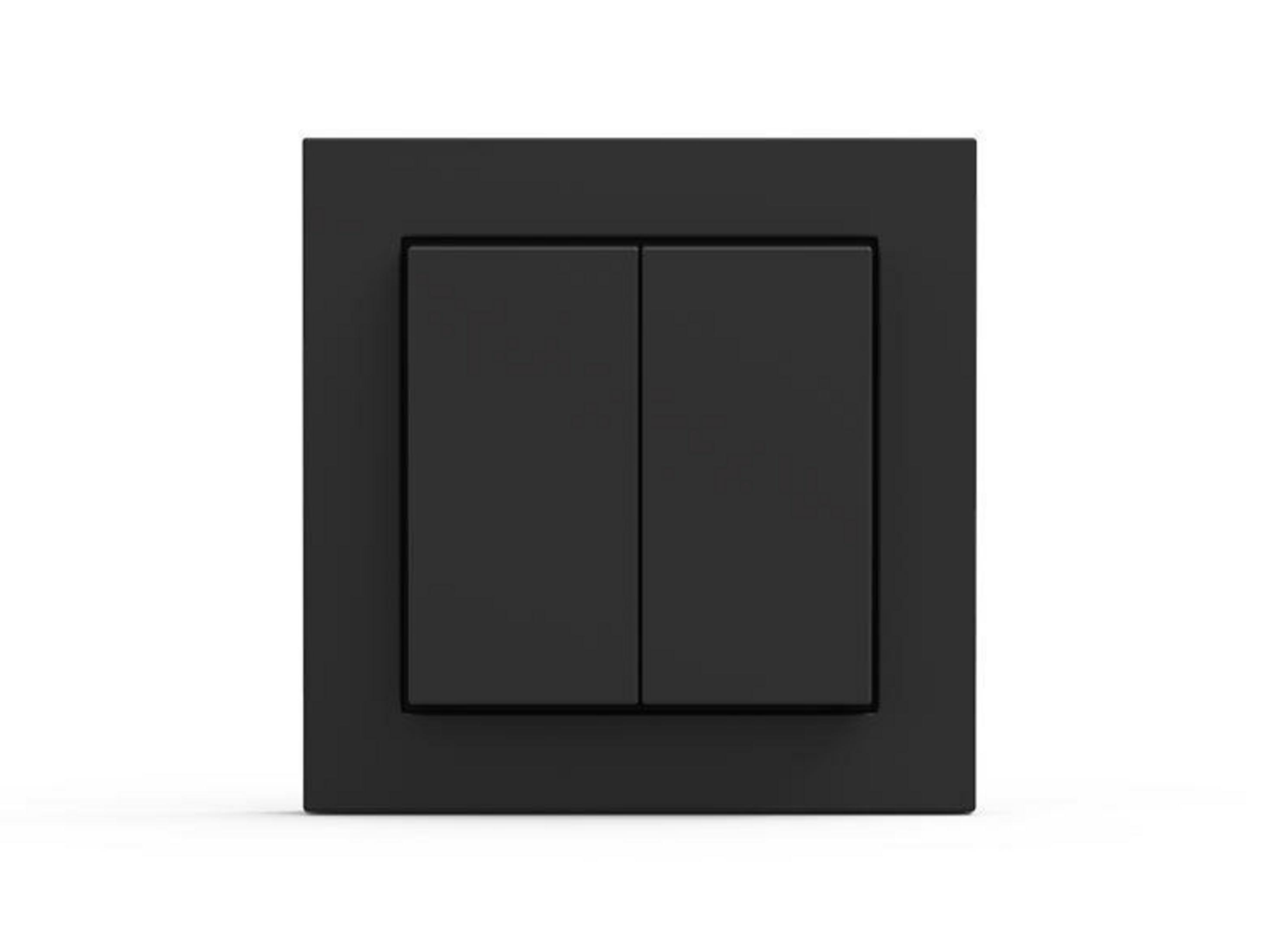 Ein schwarzer Lichtschalter mit zwei Quadraten auf weißem Hintergrund.