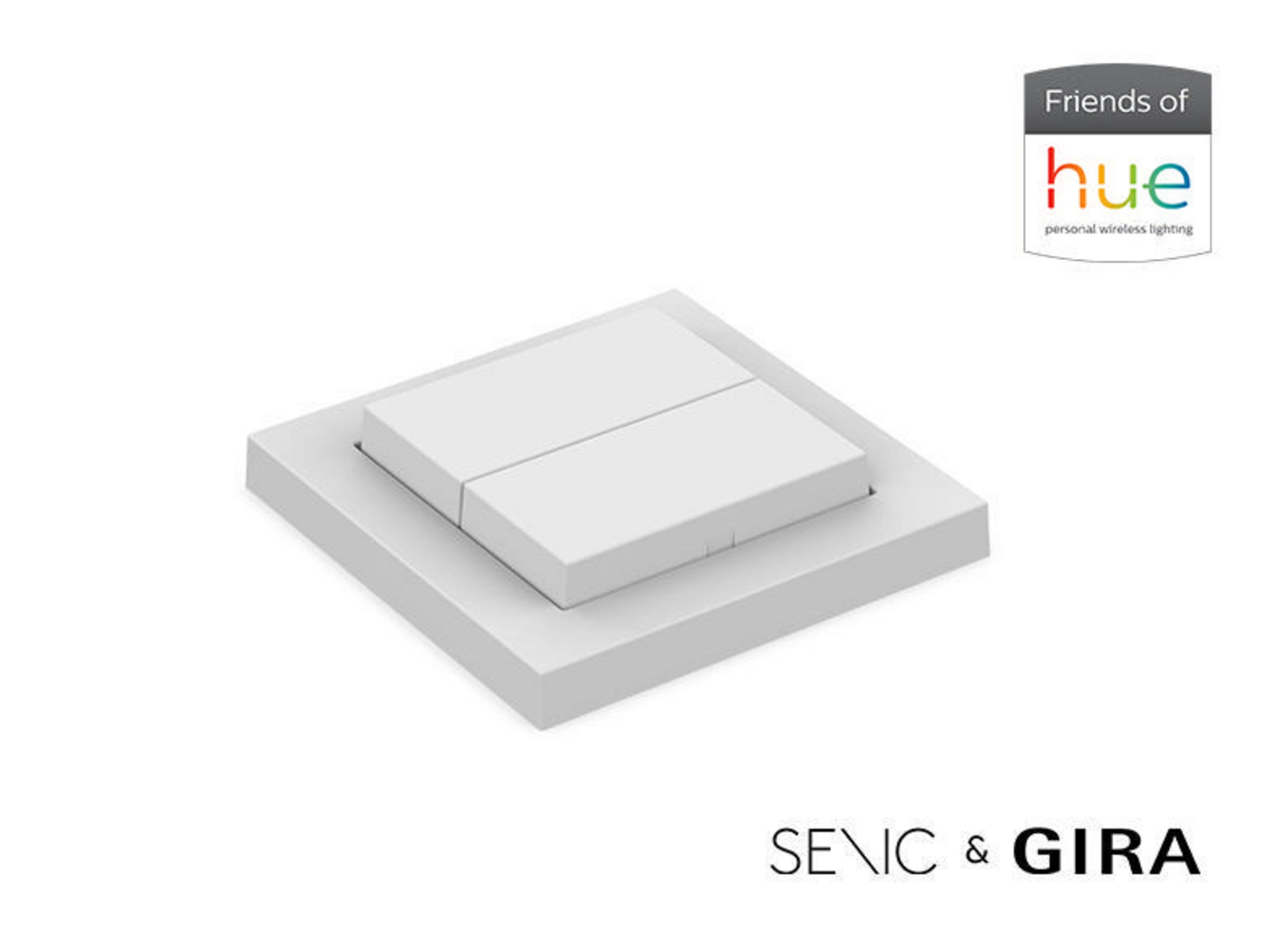 Ein weißer Smart-Home-Lichtschalter mit Logo.