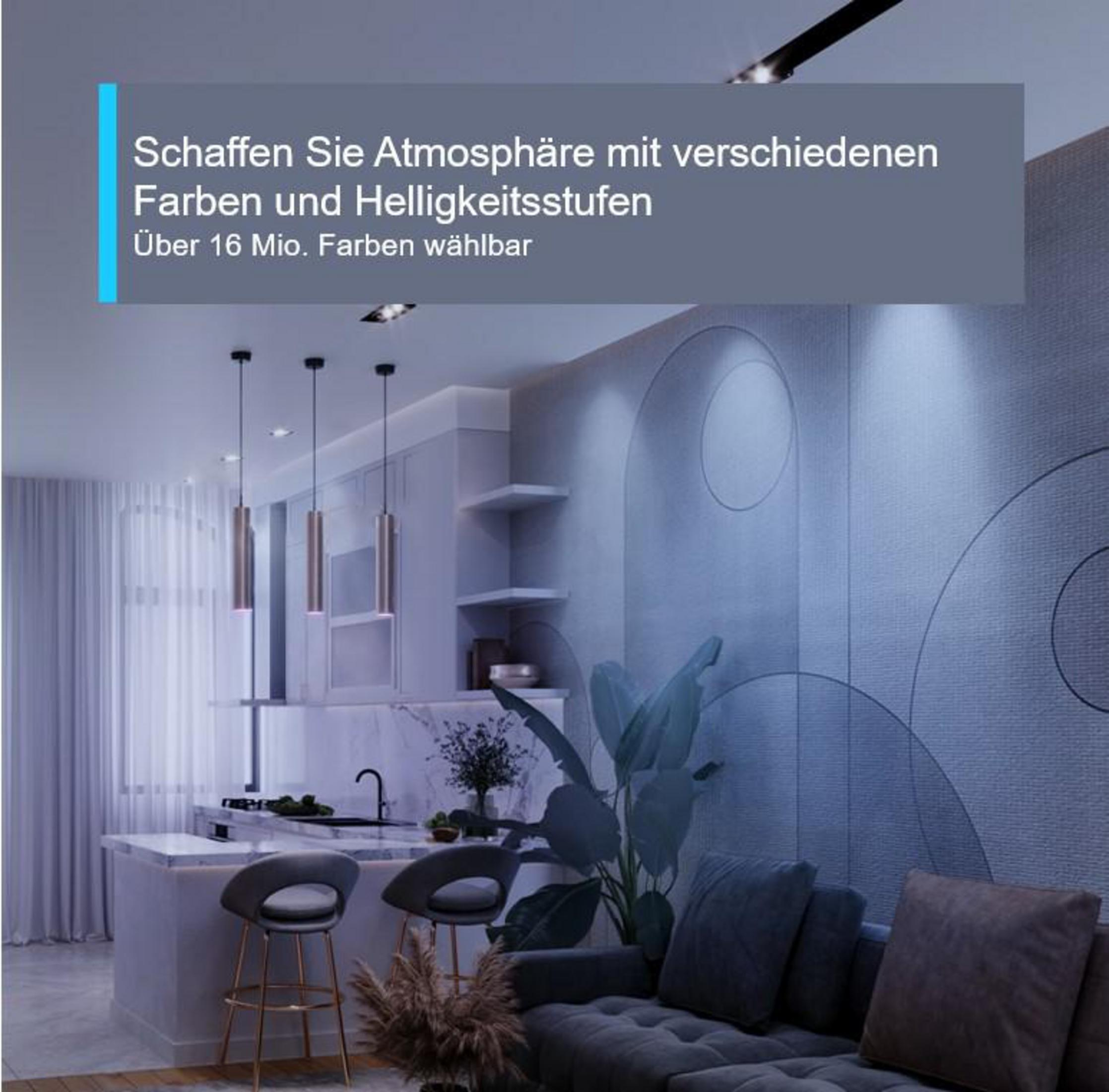 Nowoczesne wnętrze z szarą sofą, kuchnią i oświetleniem otoczenia, tekst o kolorach i jasności.