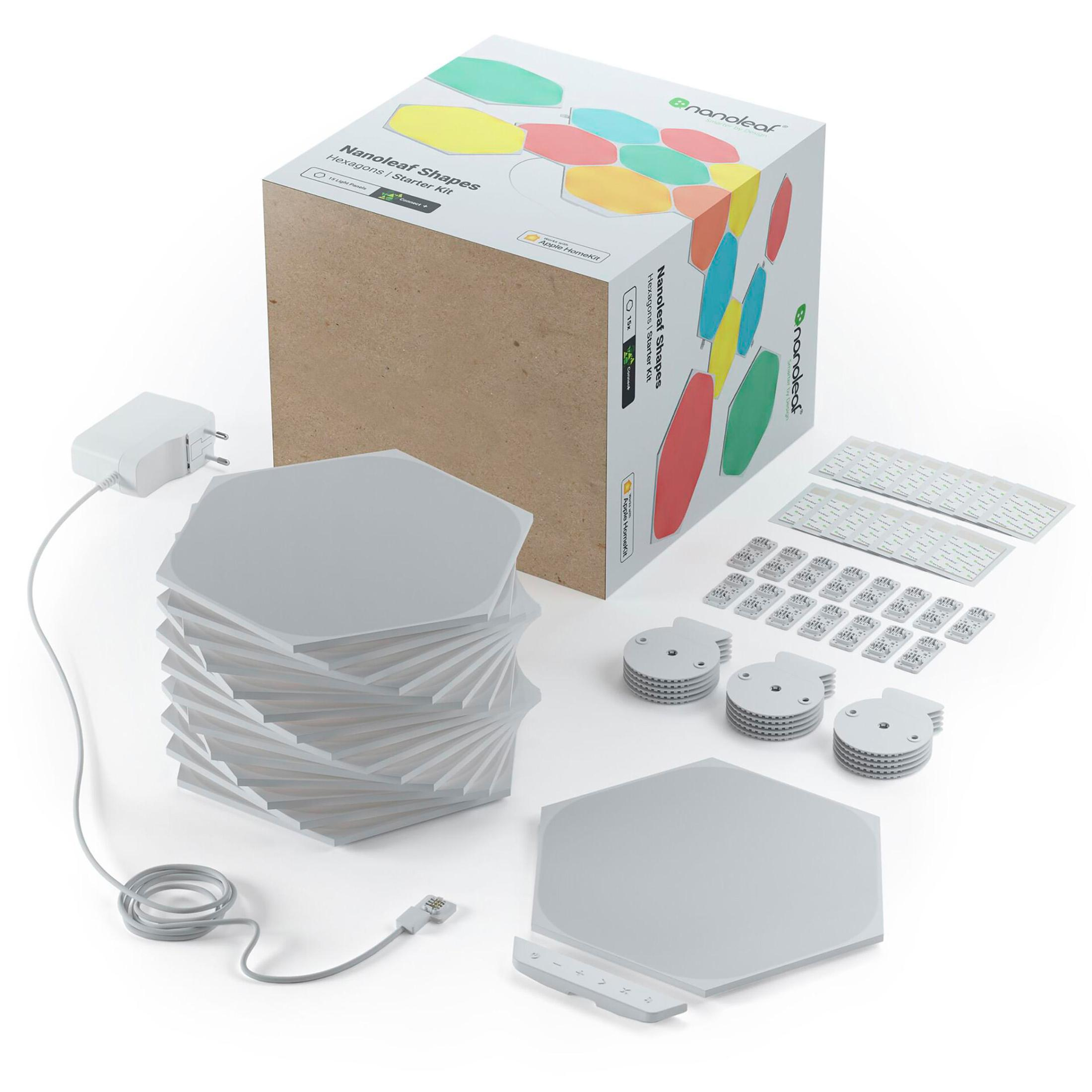 Una scatola e componenti del kit di avviamento Nanoleaf Shapes Hexagon: luci, connettori, ecc.