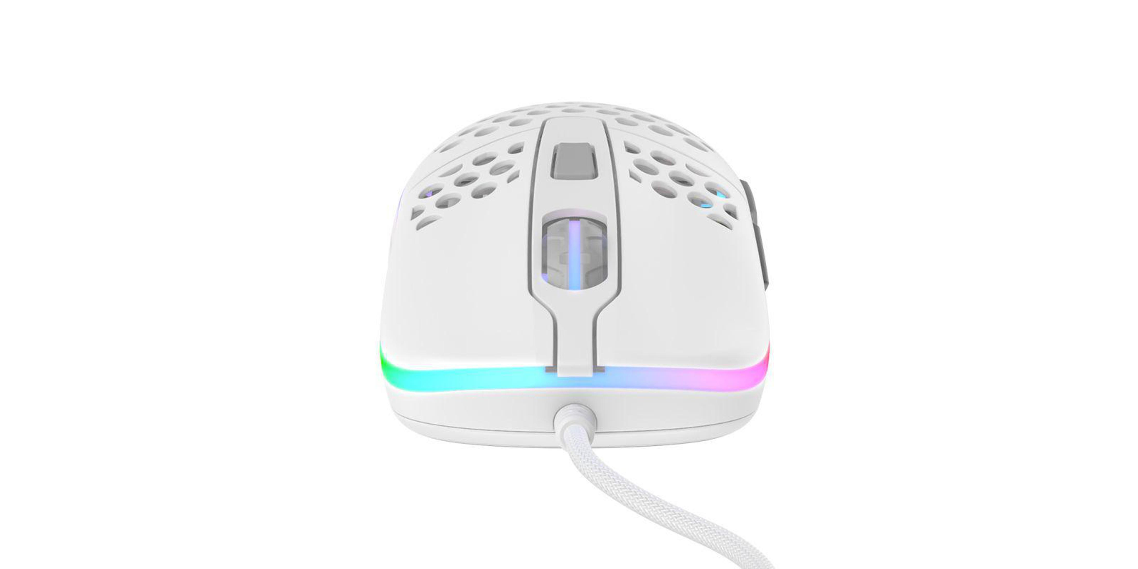 Mouse da gioco bianco con design a nido d'ape, luci RGB e connessione cablata.