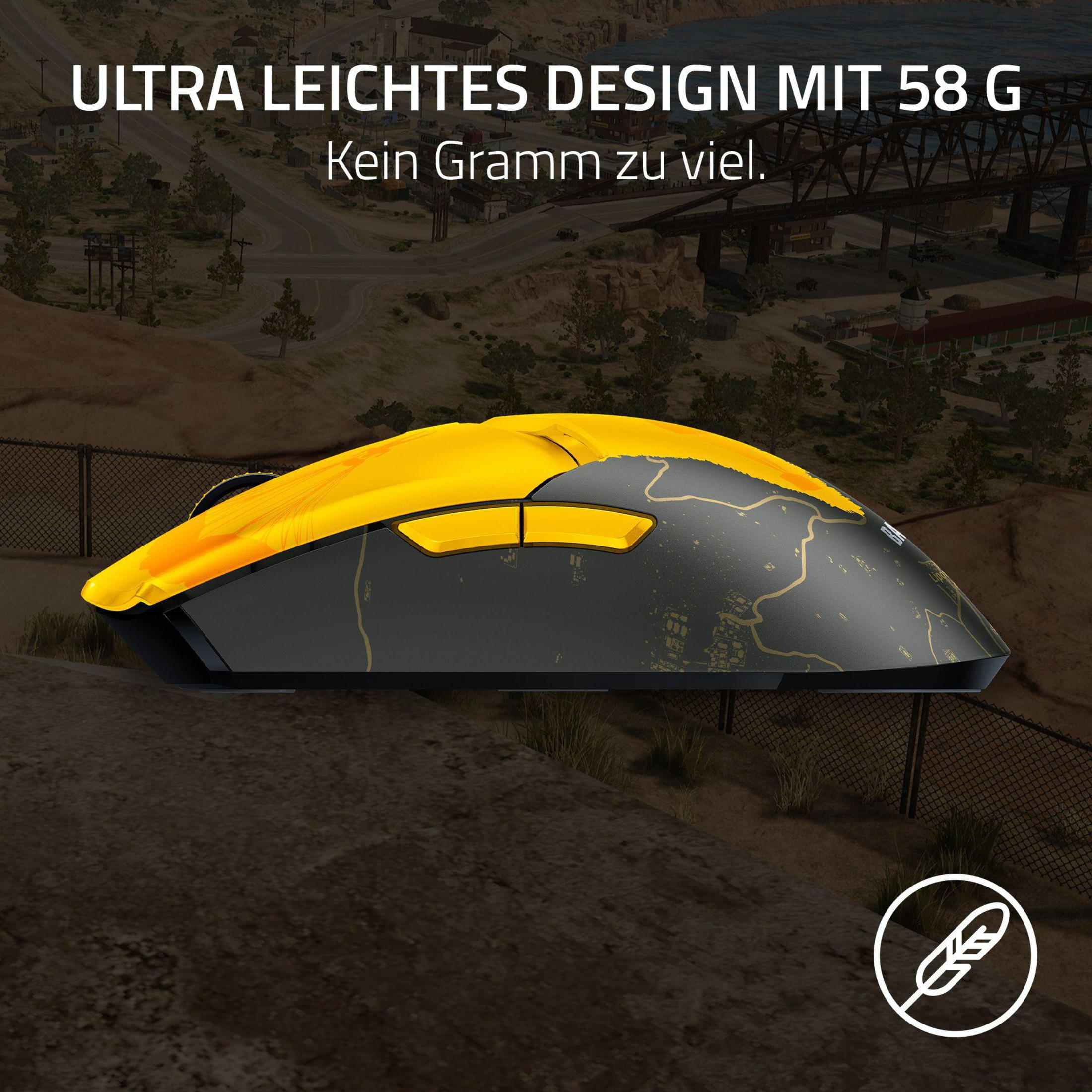 Żółta i czarna mysz komputerowa. Projekt przedstawia mapę terenu. Tekst wskazuje wagę.