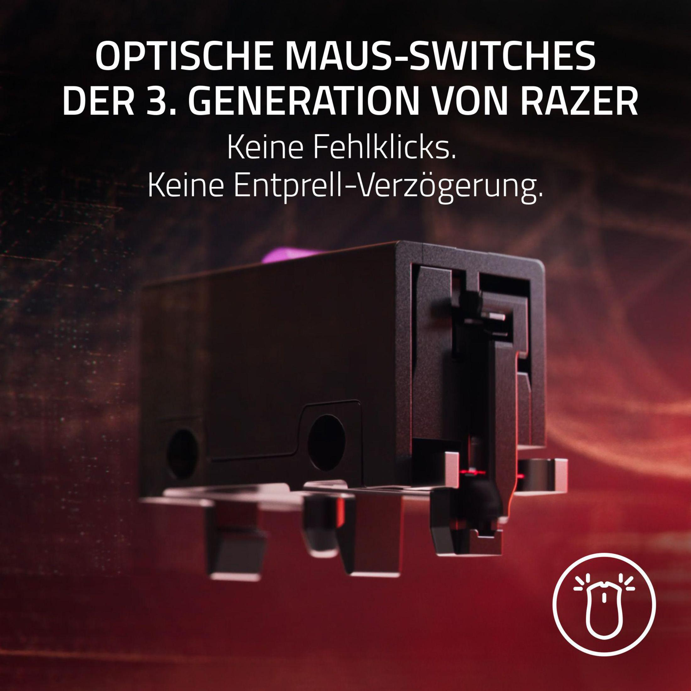 Zbliżenie czarnego przełącznika myszy Razer z tekstem.