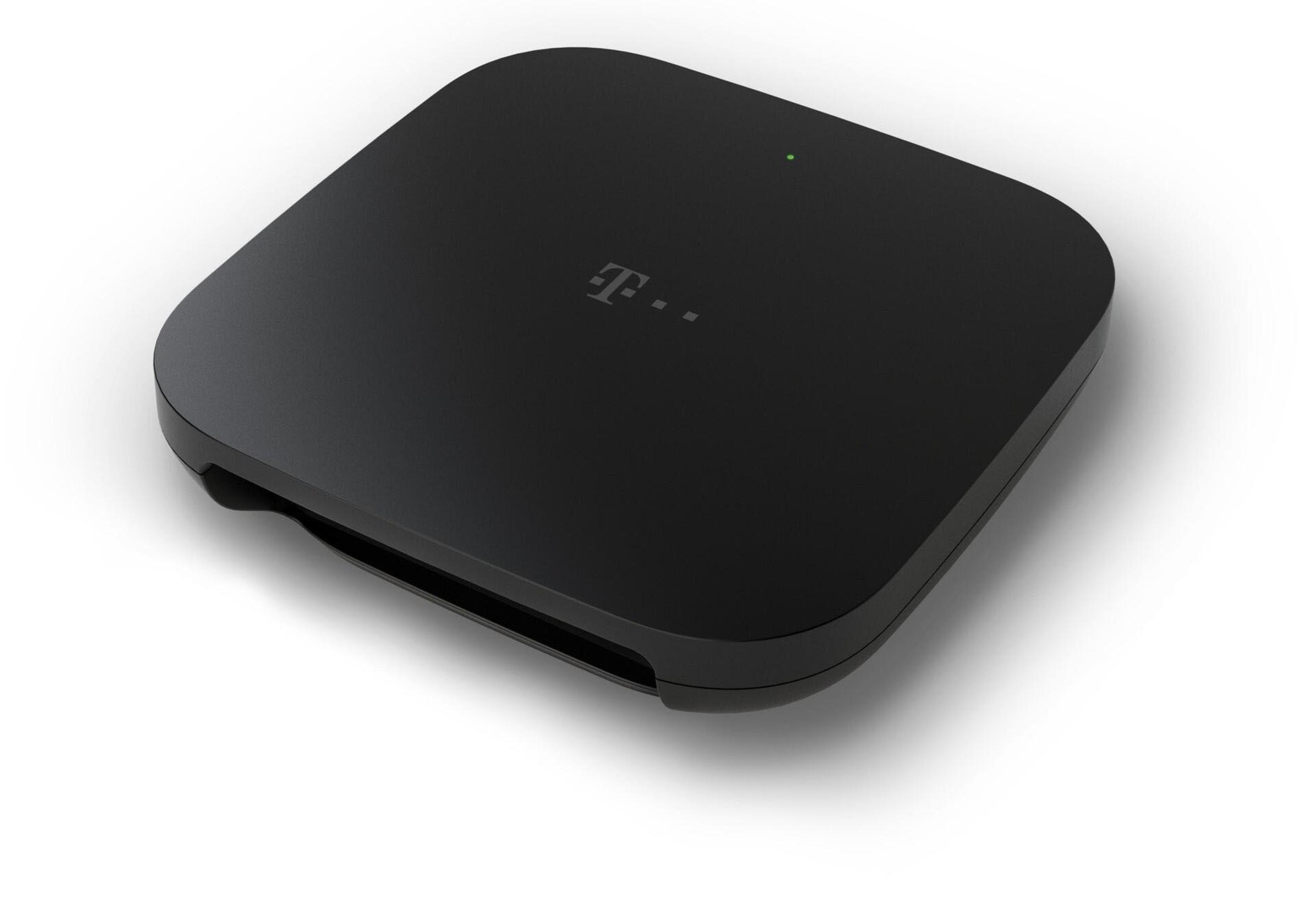 Dispositivo quadrato nero con bordi arrotondati. Logo T-Mobile in alto. Sfondo bianco.