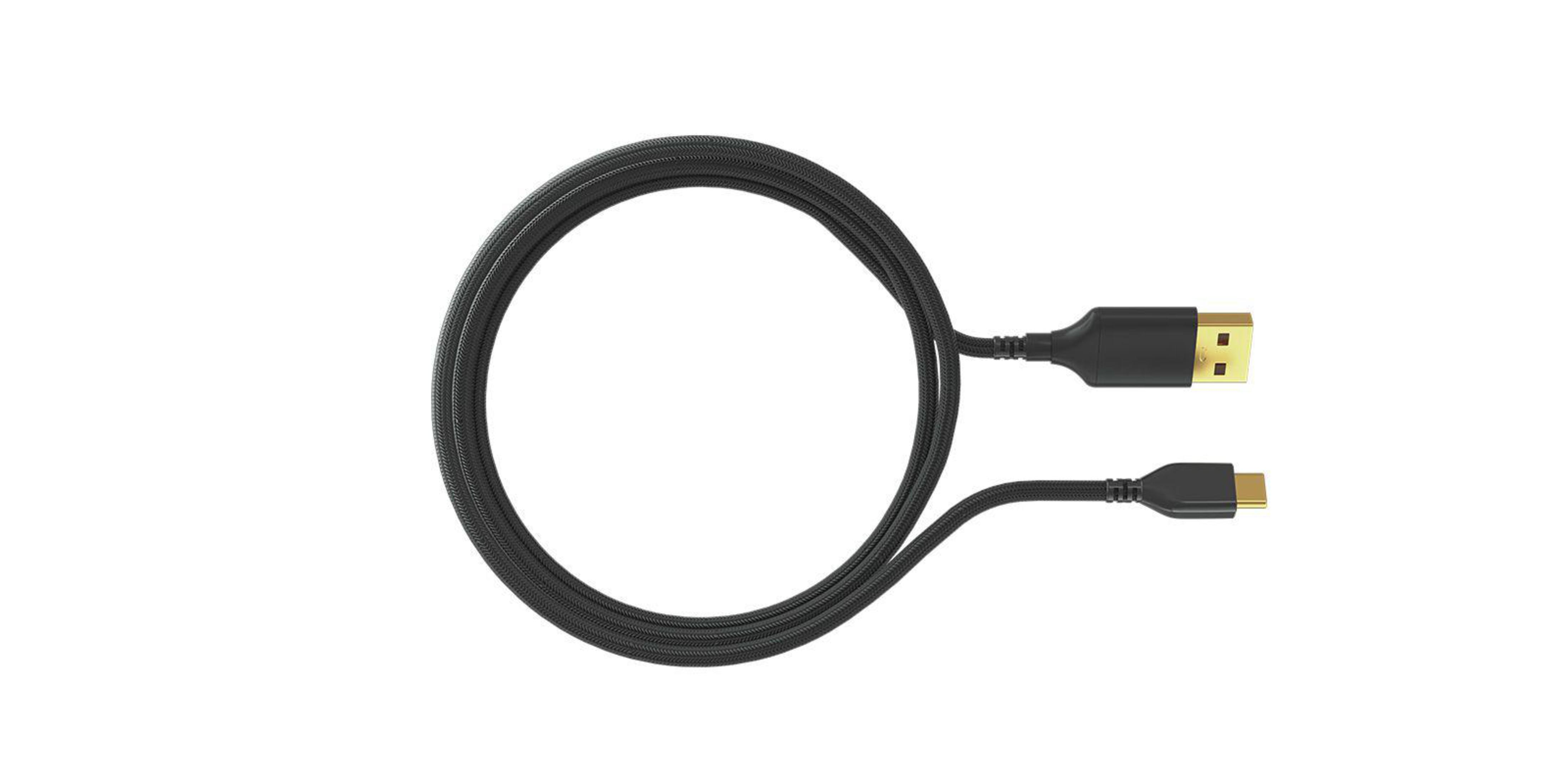 Czarny kabel USB ze złączem USB-A i USB-C. Białe tło.