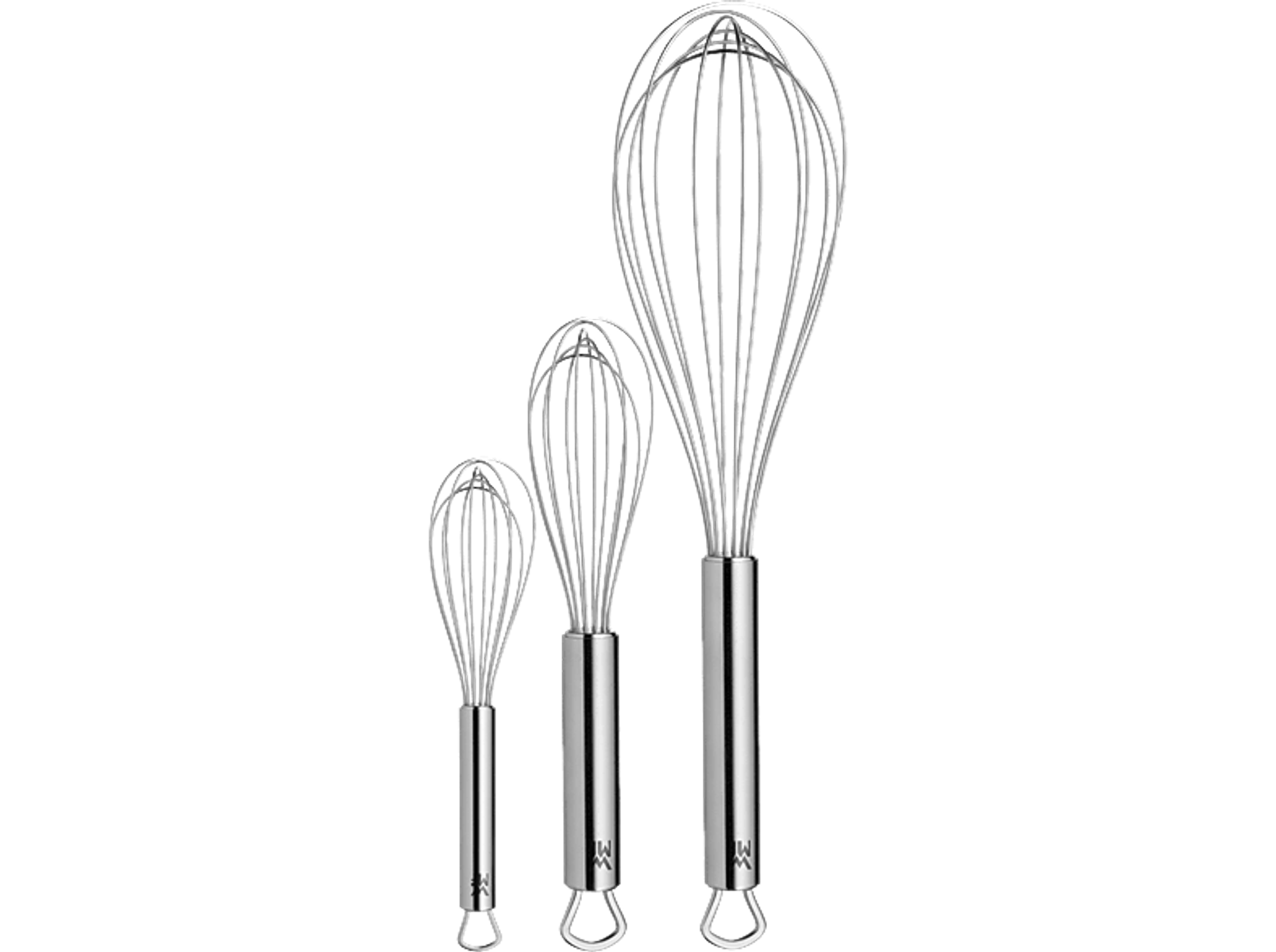 Trzy trzepaczki ze stali nierdzewnej o stopniowanych rozmiarach, na czarnym tle.