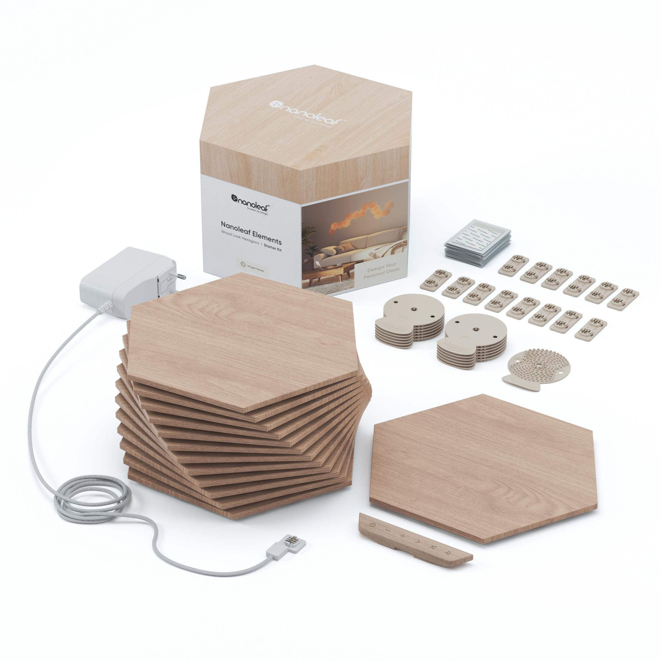 Kit di pannelli esagonali in legno con accessori: adattatore di alimentazione, luci e centralina.