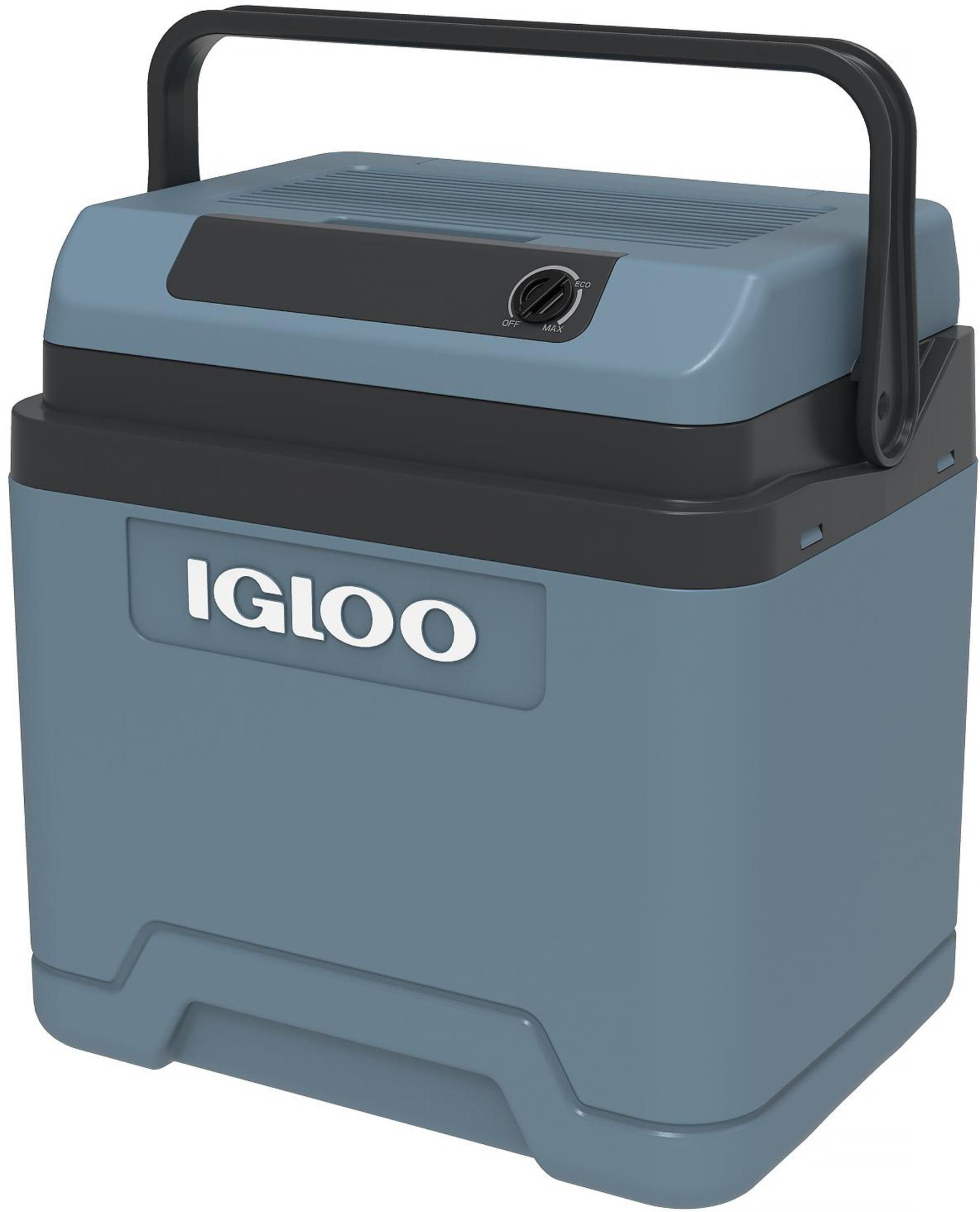 Blue cooler with a black handle and the word IGLOO. The top has a circular knob.