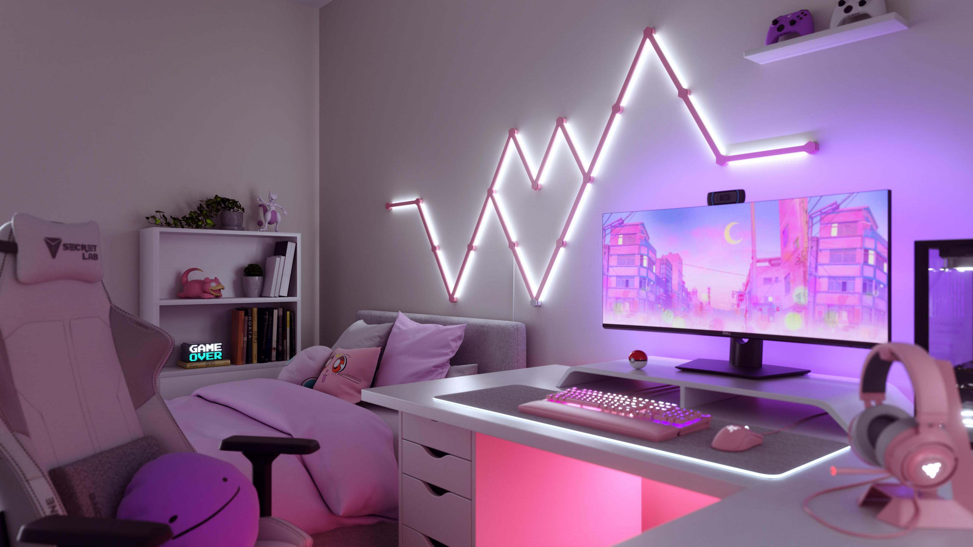 Gaming-Zimmer in Pink mit Schreibtisch, Bett und Neonlichtern.