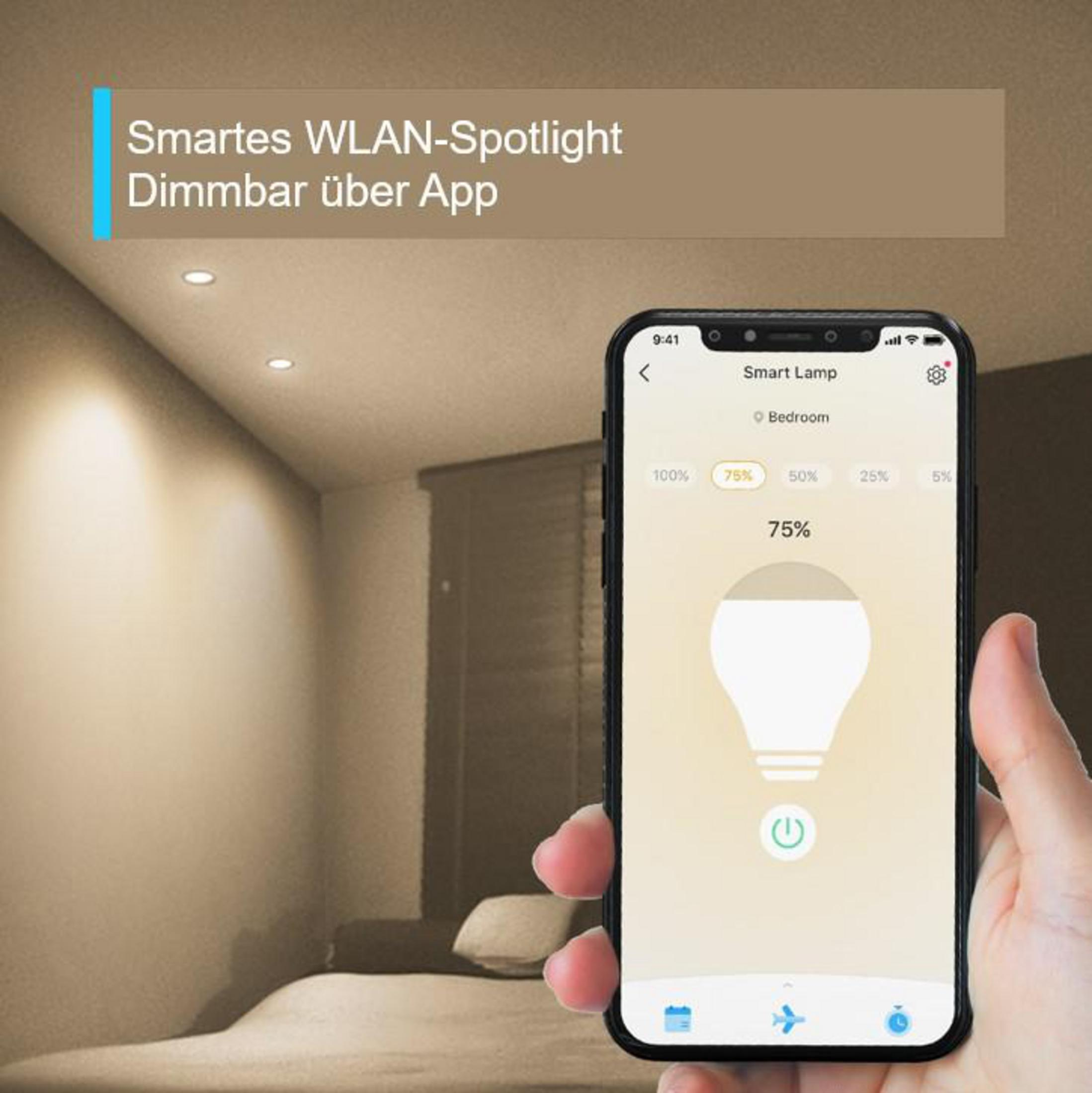 Eine Person hält ein Telefon, das eine Smart-Lampen-App zeigt. Die Lampe ist eingeschaltet.