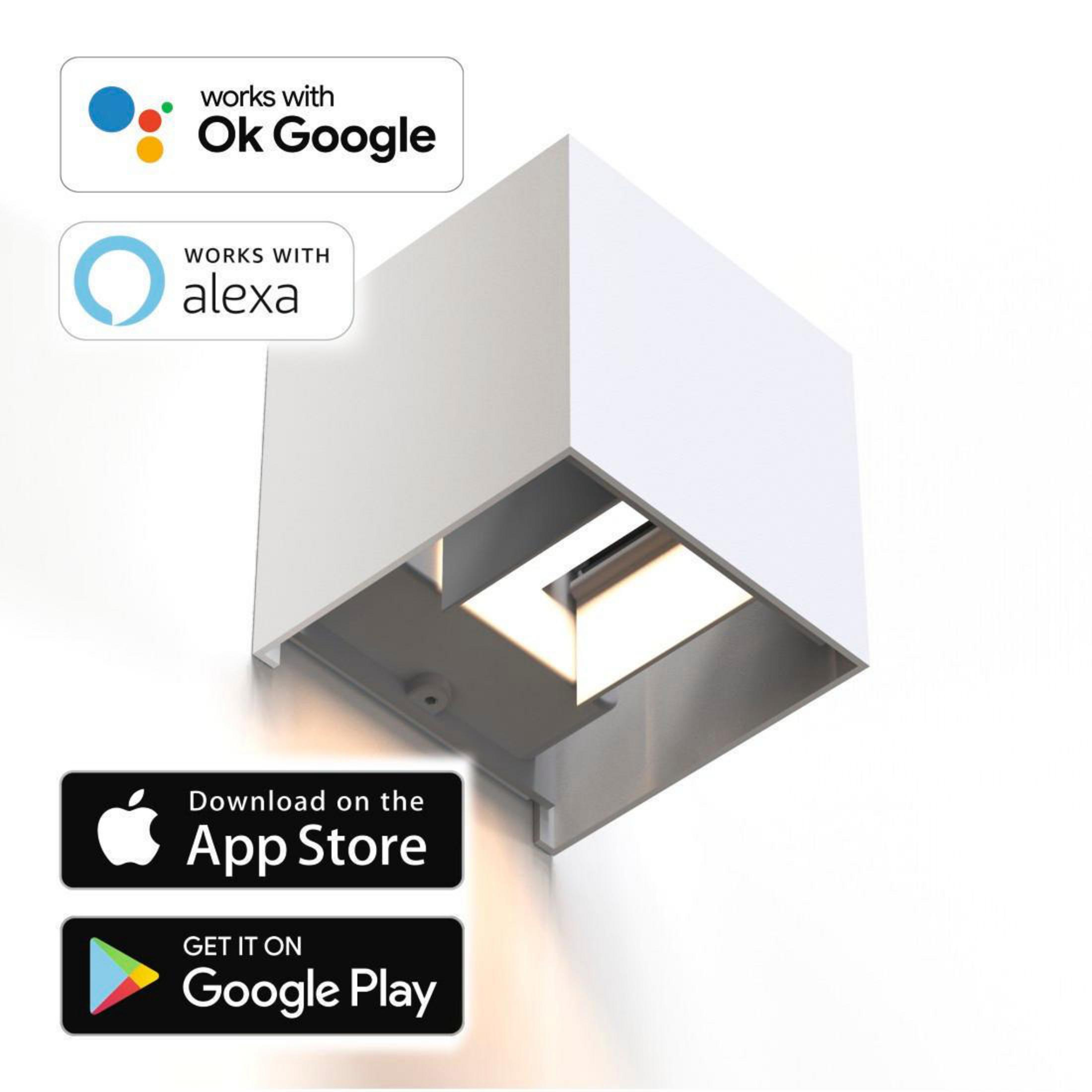 Quadratisches Smart-Licht mit App-Symbolen und Logos auf weißem Hintergrund.