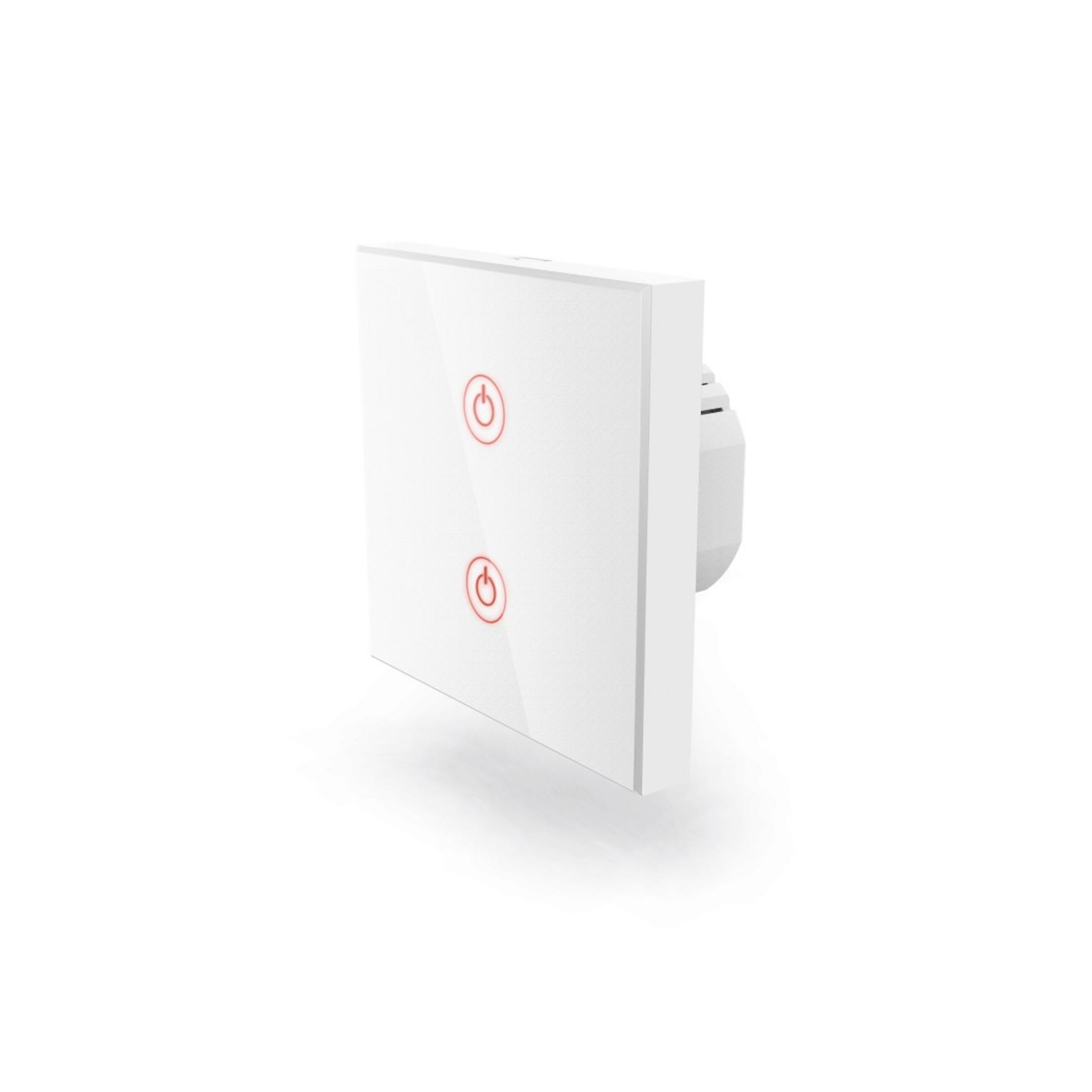 Weißer Smart-Lichtschalter mit zwei roten Stromsymbolen. Es ist auf weißem Grund.