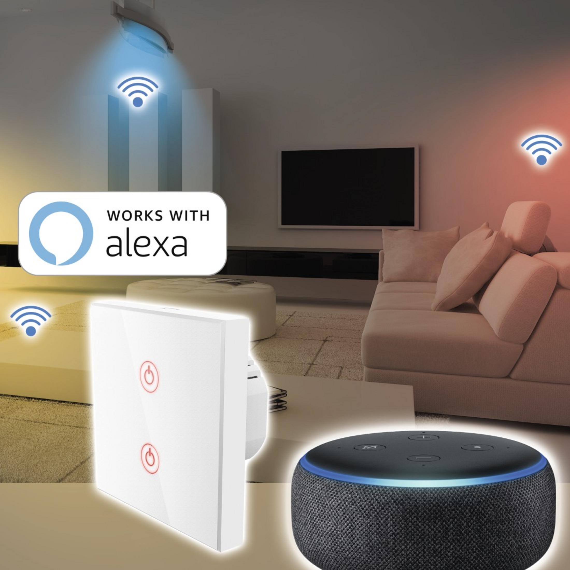 Smart Home-Setup mit Schalter, Alexa-Gerät und WLAN-Symbolen.
