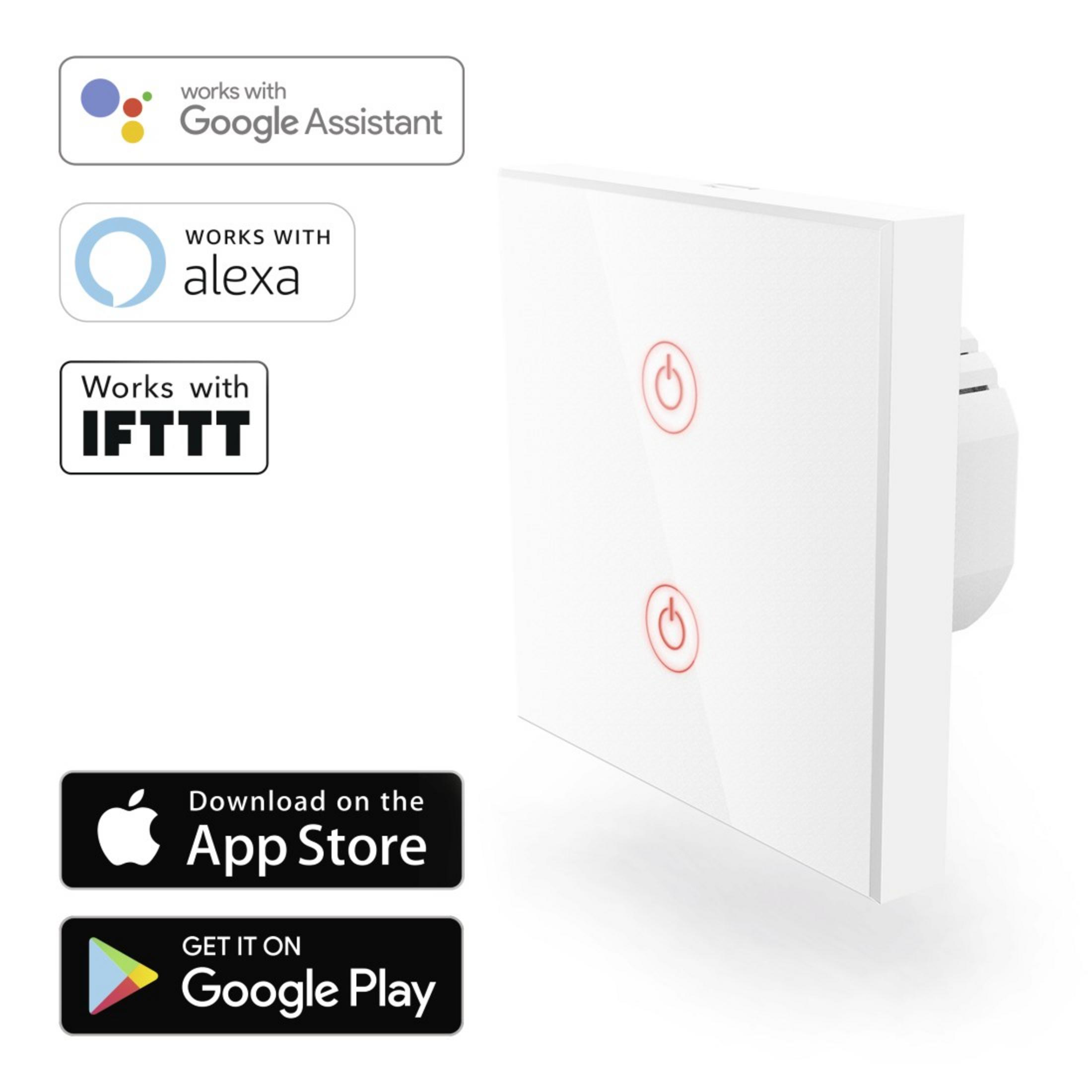 Ein weißer Smart Switch mit zwei Tasten. Es hat Logos für Google Assistant, Alexa, IFTTT und App Store.