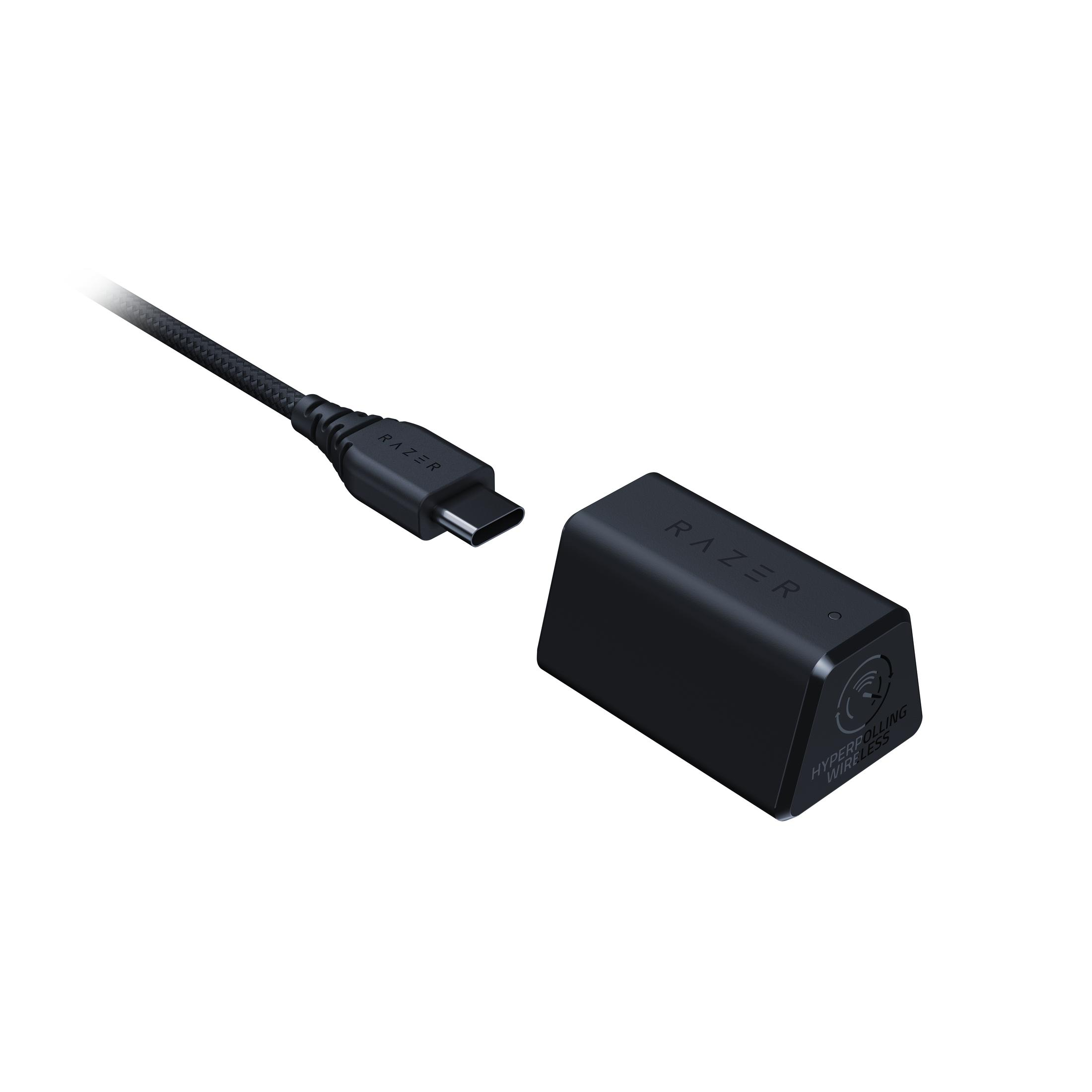 Czarny odbiornik bezprzewodowy Razer i złącze USB-C.