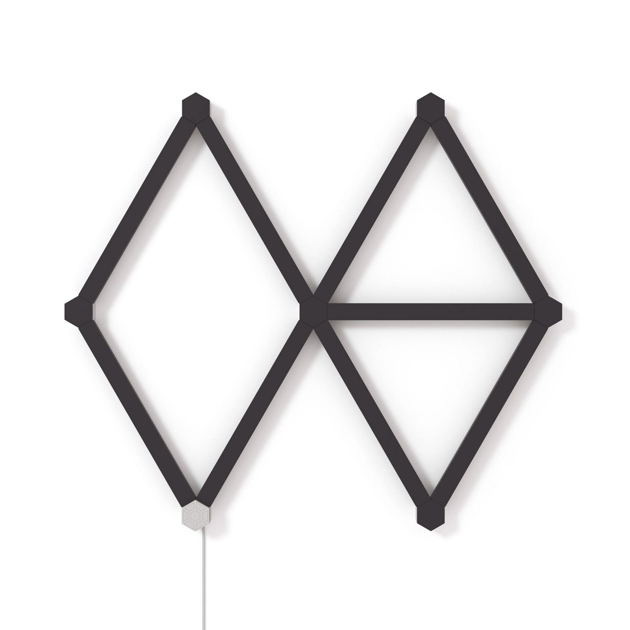 A modern black geometric wall light fixture on a white background. It has hexagonal and triangular shapes.