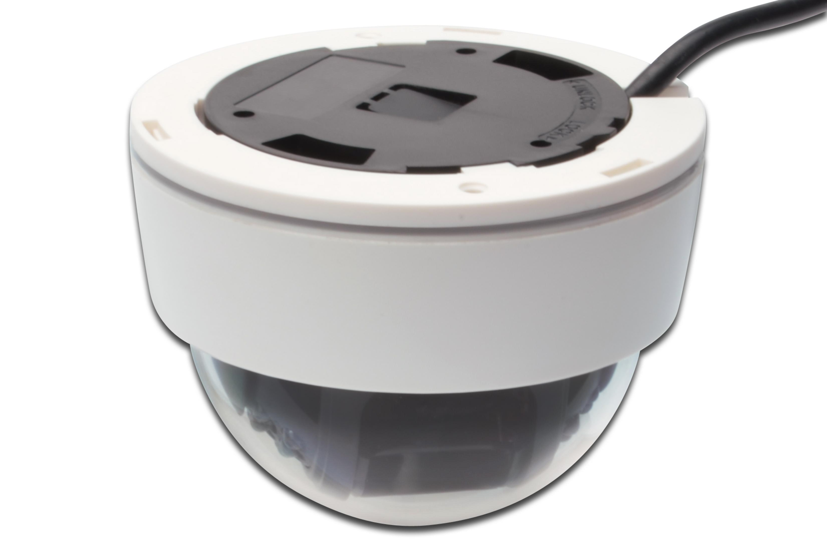 Biała kamera bezpieczeństwa w kształcie kopuły. Ma czarny obiektyw i białą podstawę. Odizolowana na białym tle.