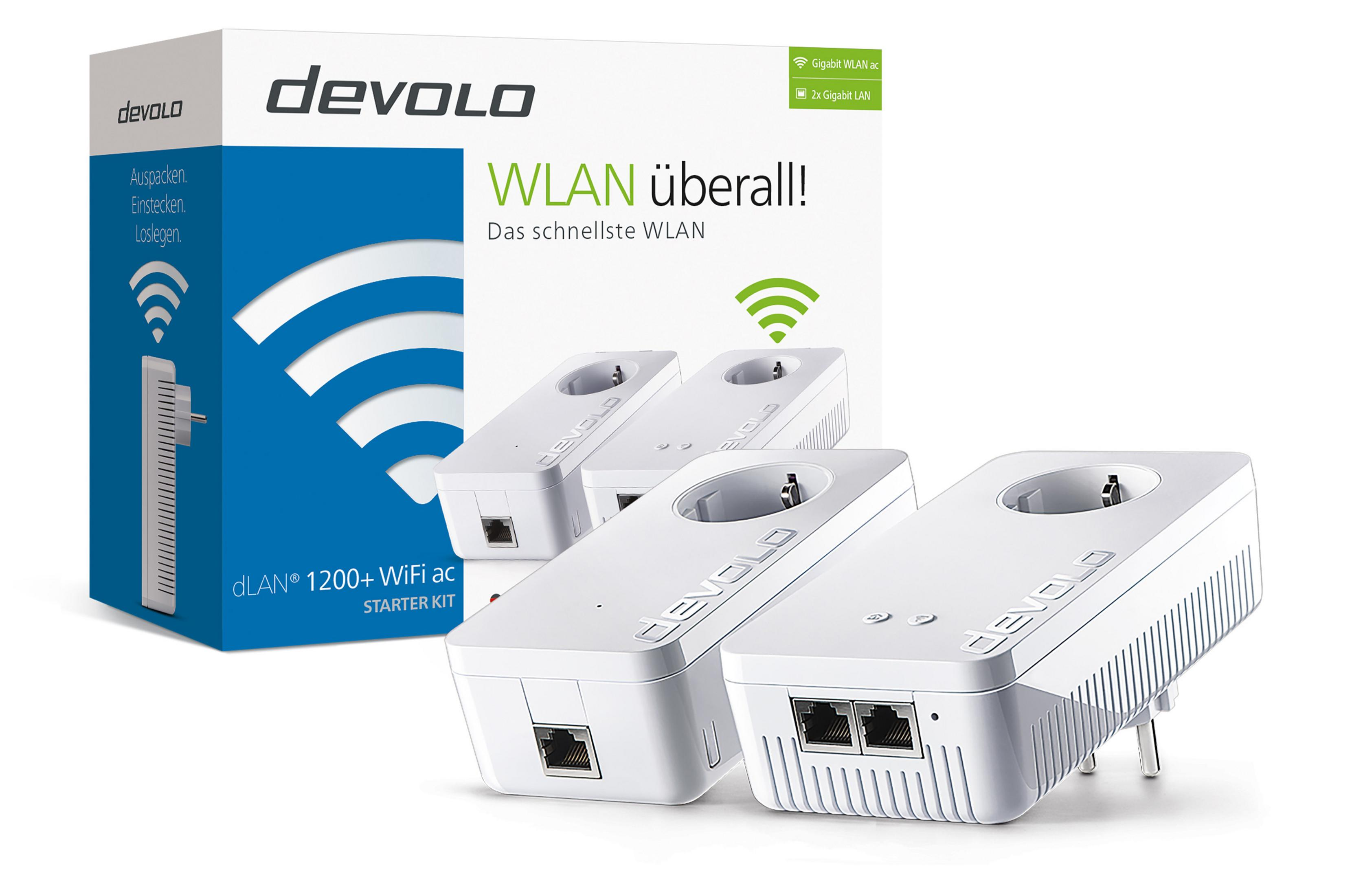 Weißes Devolo dLAN 1200+ WiFi ac Starter Kit mit drei Adaptern und einer Box.