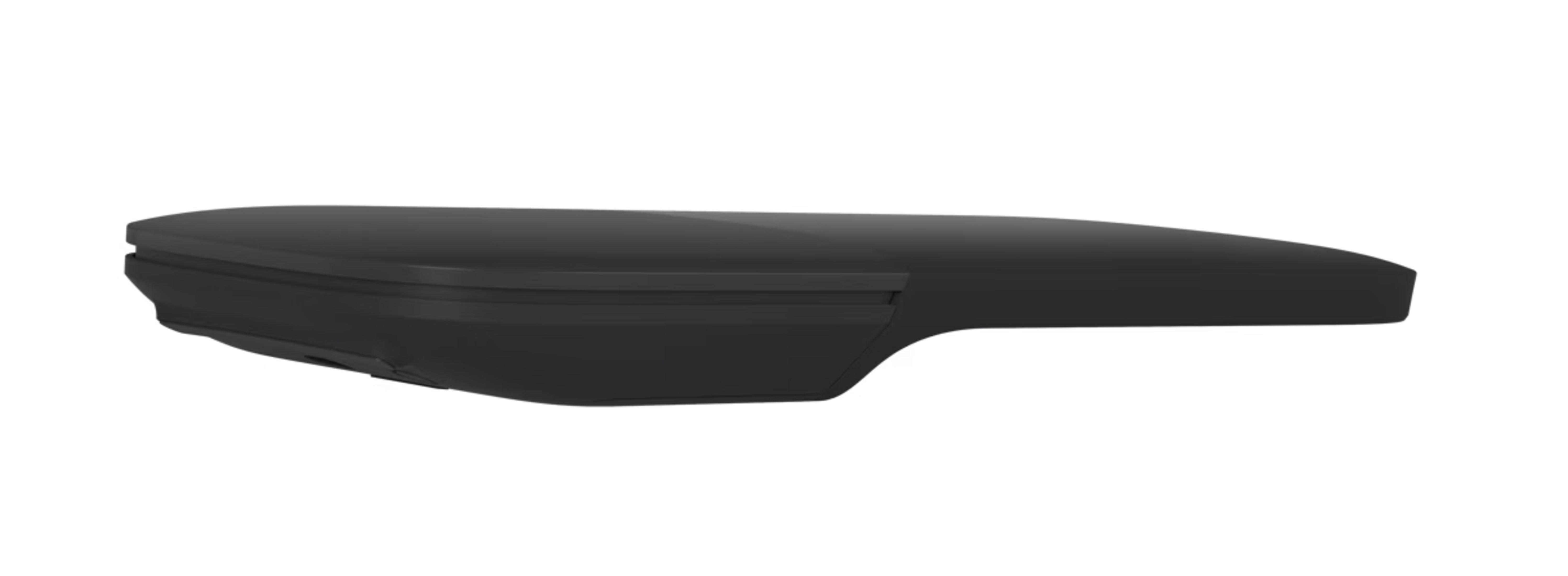 Smukłe, czarne, zakrzywione urządzenie widziane z boku, na białym tle.