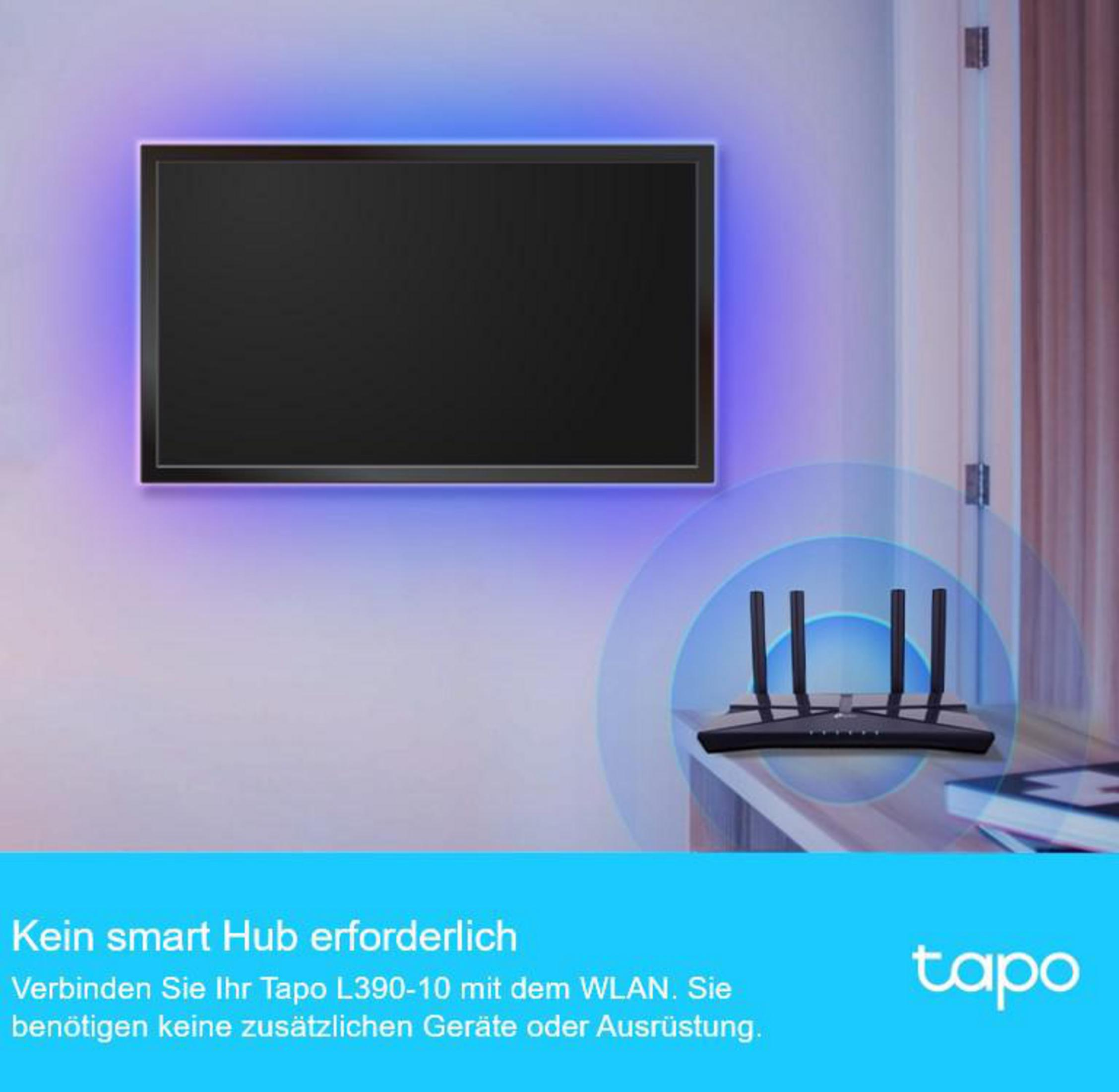 Czarny telewizor na ścianie z niebieskim światłem LED, z routerem poniżej. Tekst o braku potrzeby smart hub.