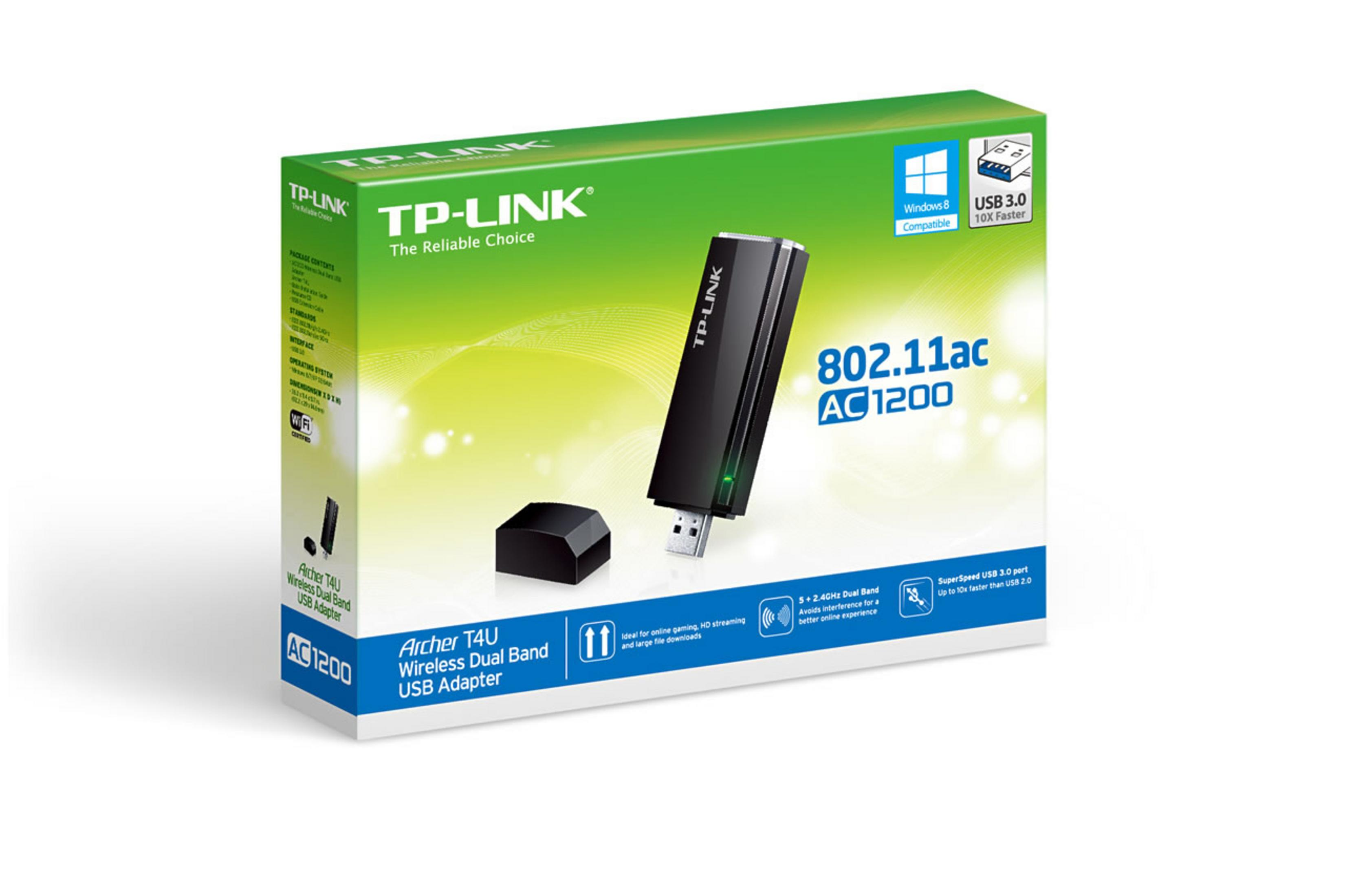 Eine TP-Link-Box mit einem USB-Adapter. Die Box ist grün und weiß mit dem Produkt.