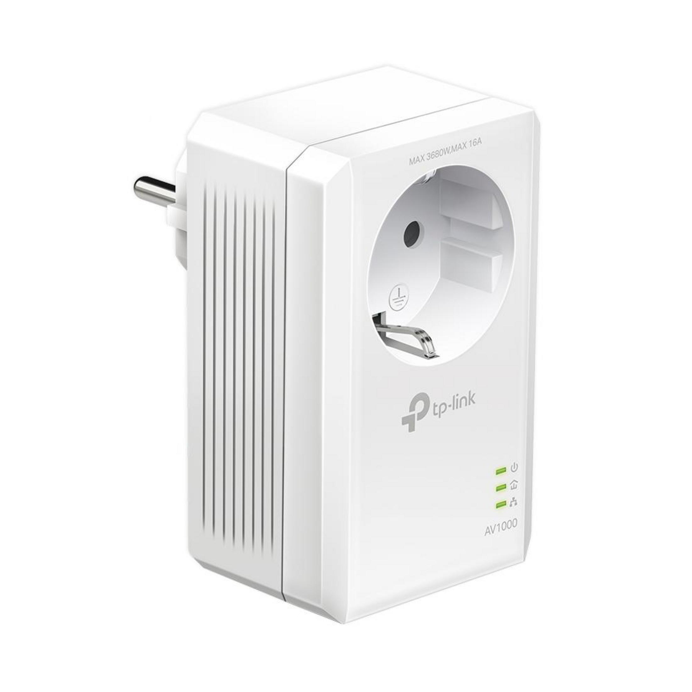 Biały adapter tp-link Powerline z wtyczką i gniazdem.