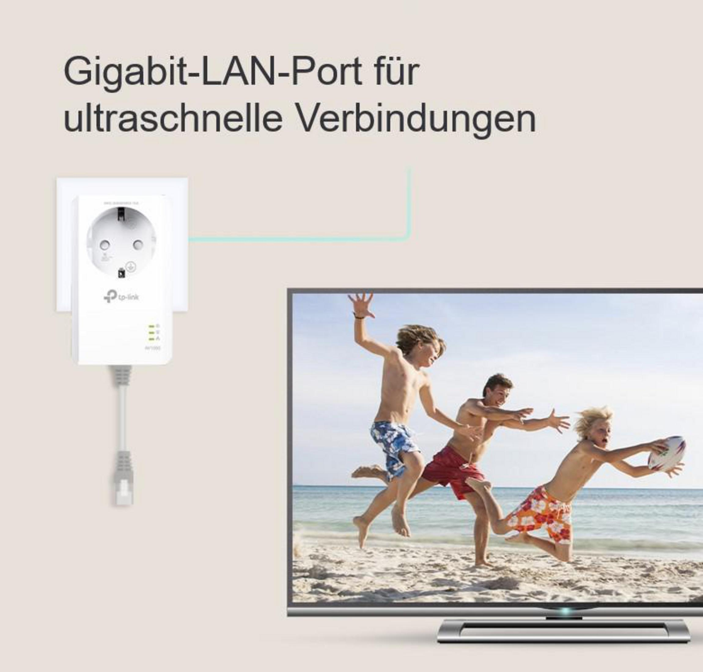 Białe gniazdo z urządzeniem TP-Link i telewizorem z dziećmi biegającymi na plaży.