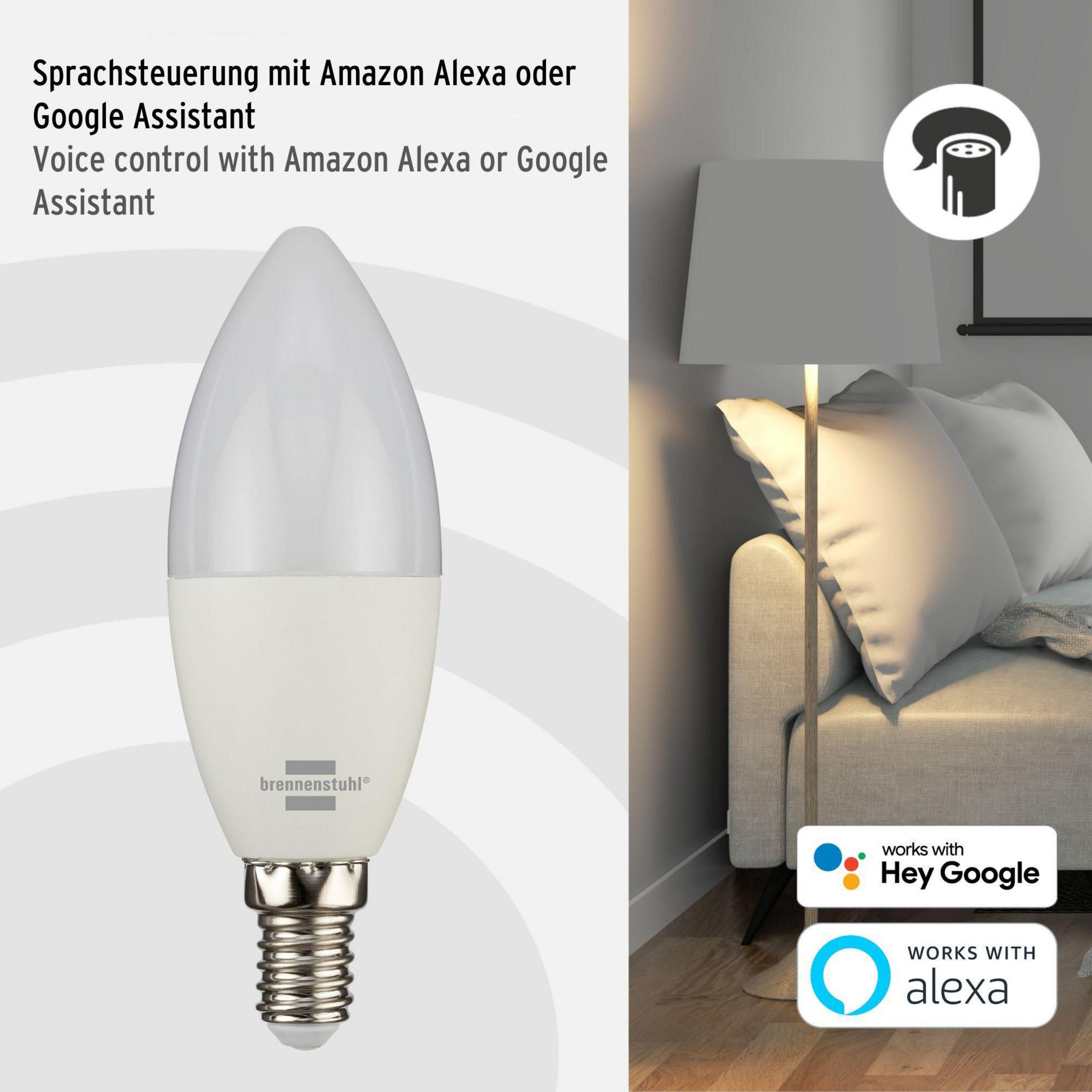 Weiße Glühbirne mit silbernem Sockel, Text in Englisch und Deutsch, Logos.