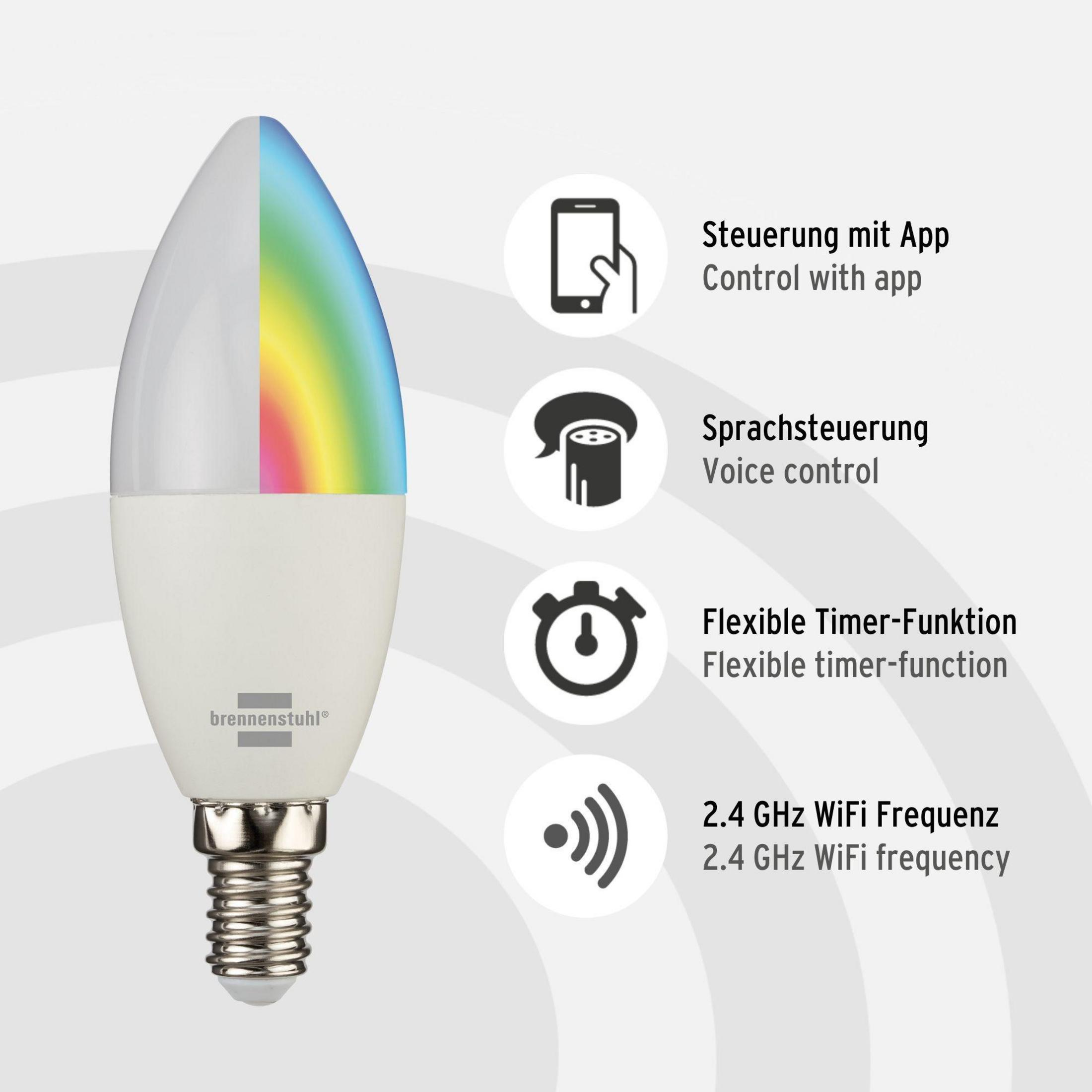 Weiße intelligente Glühbirne mit farbigem Licht und Symbolen, die App- und Sprachsteuerung anzeigen.