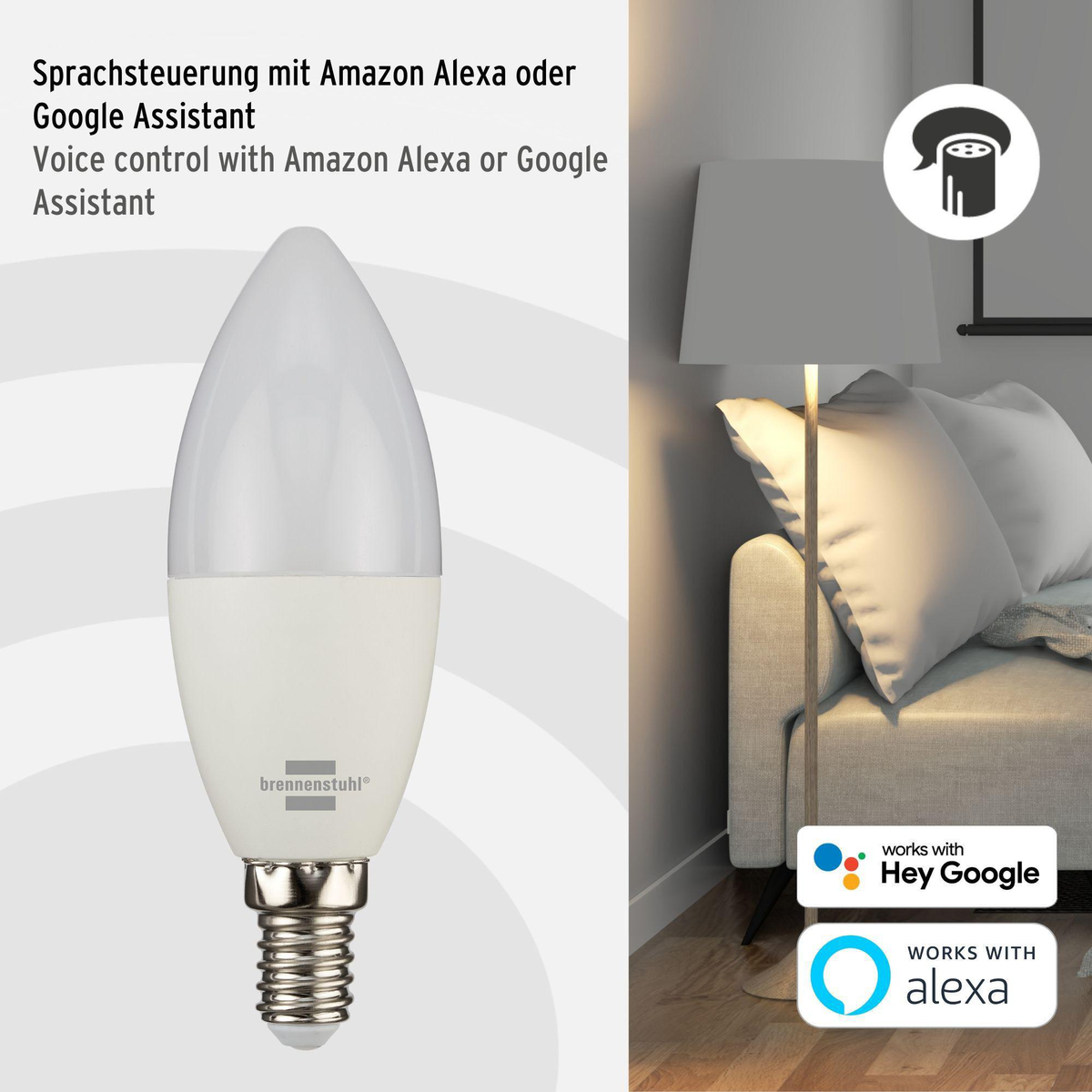 Eine intelligente LED-Glühbirne mit Sprachsteuerungsoptionen. Sie hat eine weiße, längliche Form.