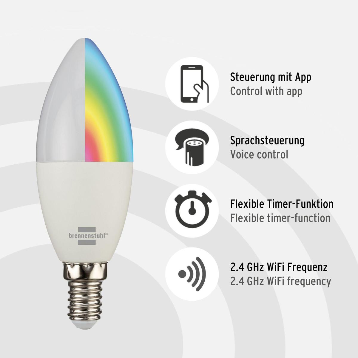 Eine weiße Smart-Glühbirne mit Regenbogenlicht und Symbolen für App- und Sprachsteuerung.