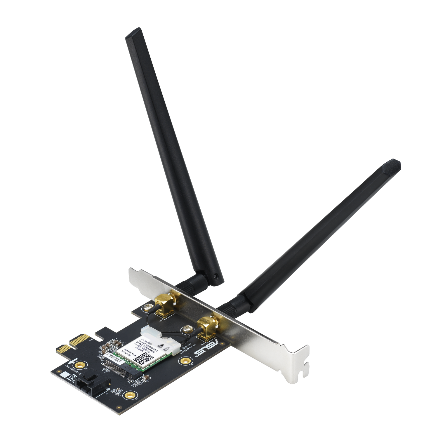 Una scheda Wi-Fi nera con due antenne, su sfondo nero.