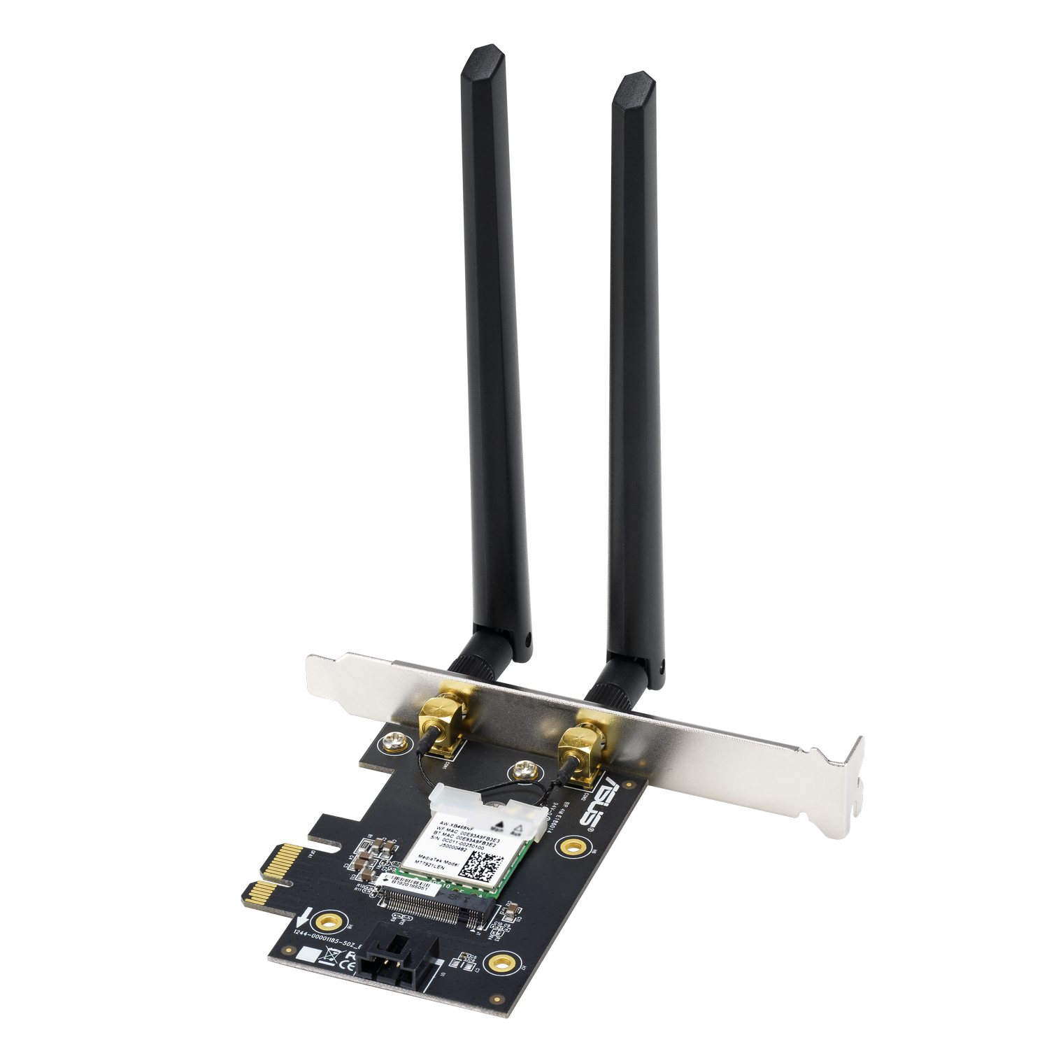 Un componente del computer, una scheda Wi-Fi nera e verde con due antenne nere.