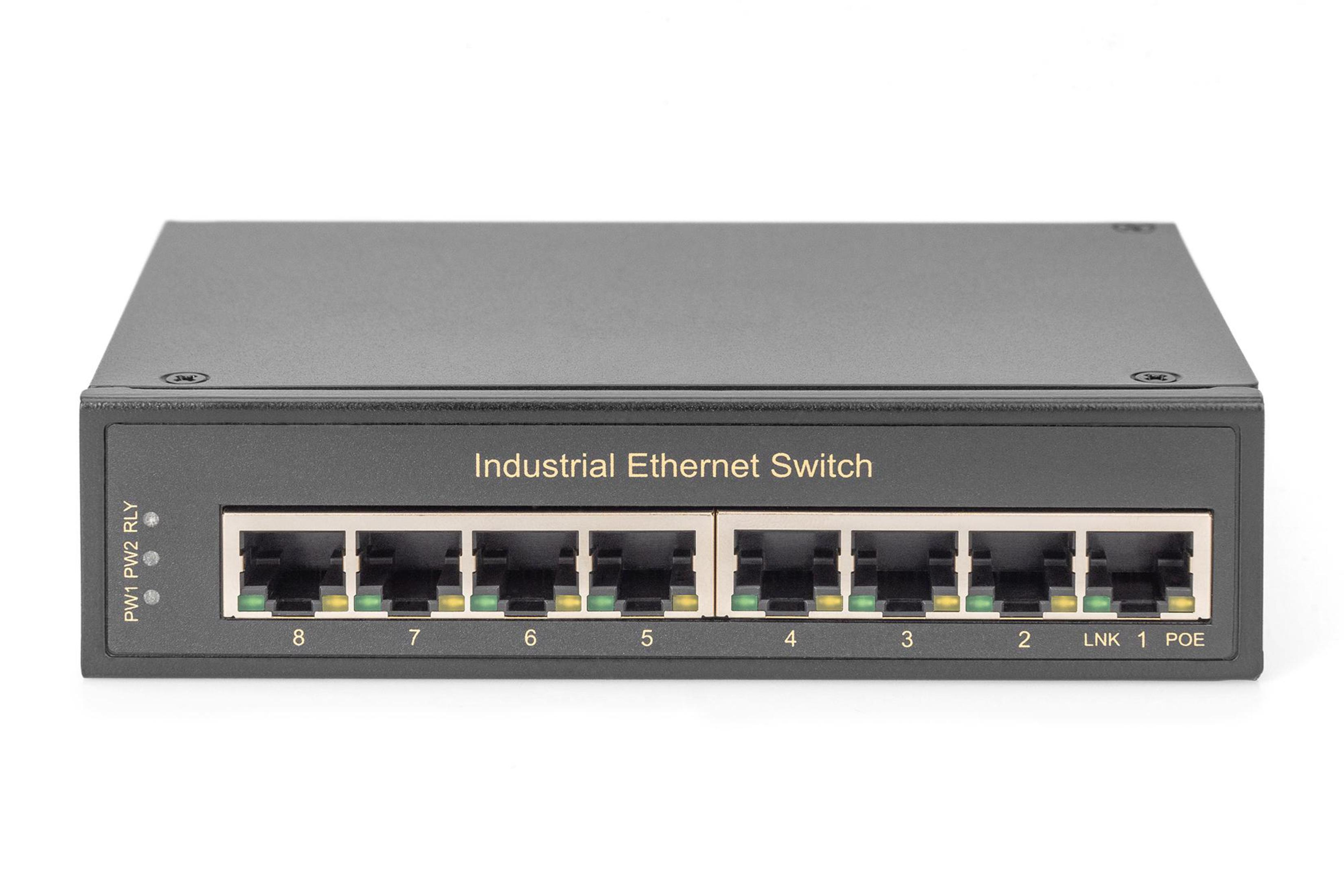 Czarny przemysłowy przełącznik Ethernet z 8 portami. Tekst mówi 'Industrial Ethernet Switch'.
