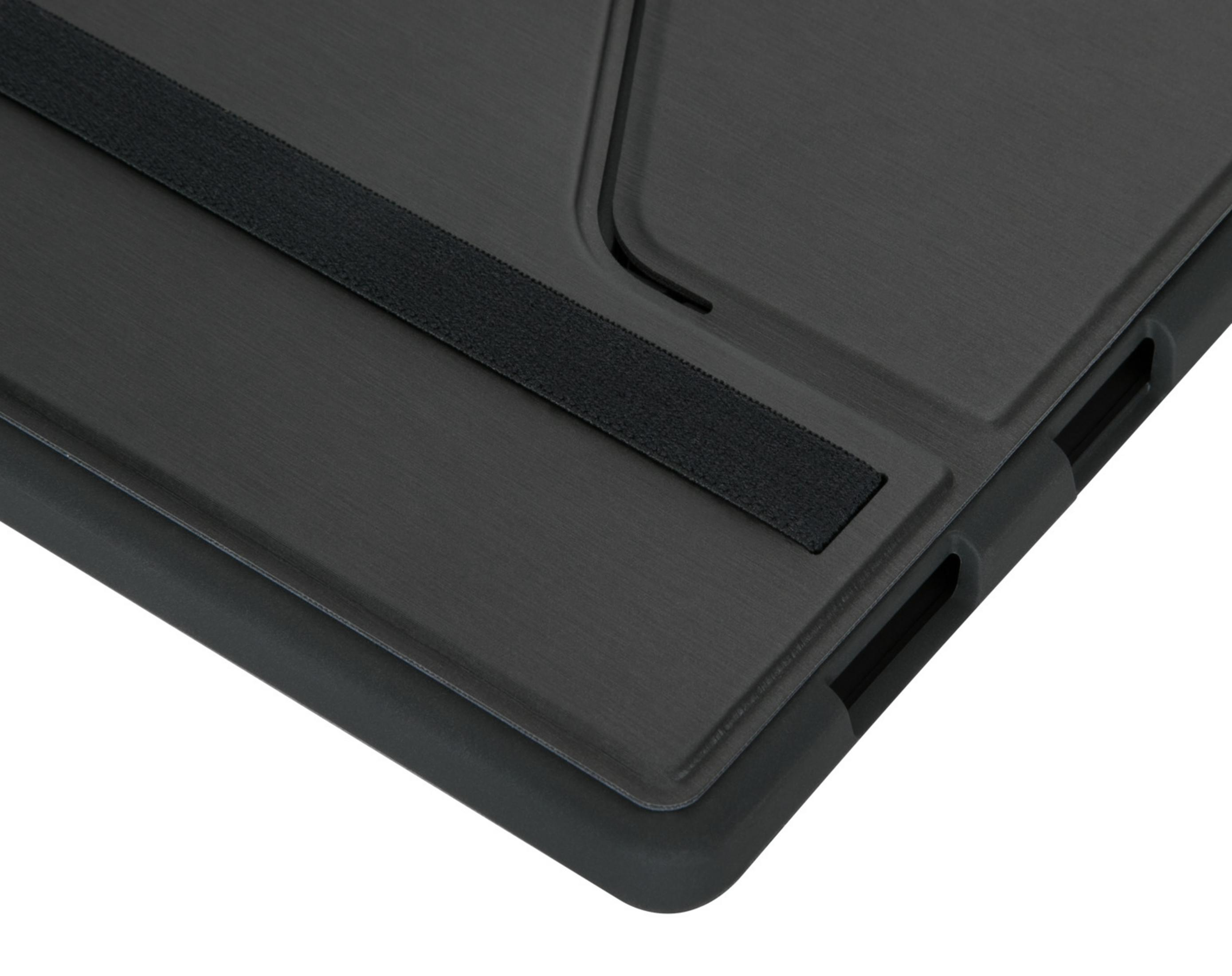 Eine dunkelgraue Tablethülle mit einem schwarzen Gummiband. Nahaufnahme.