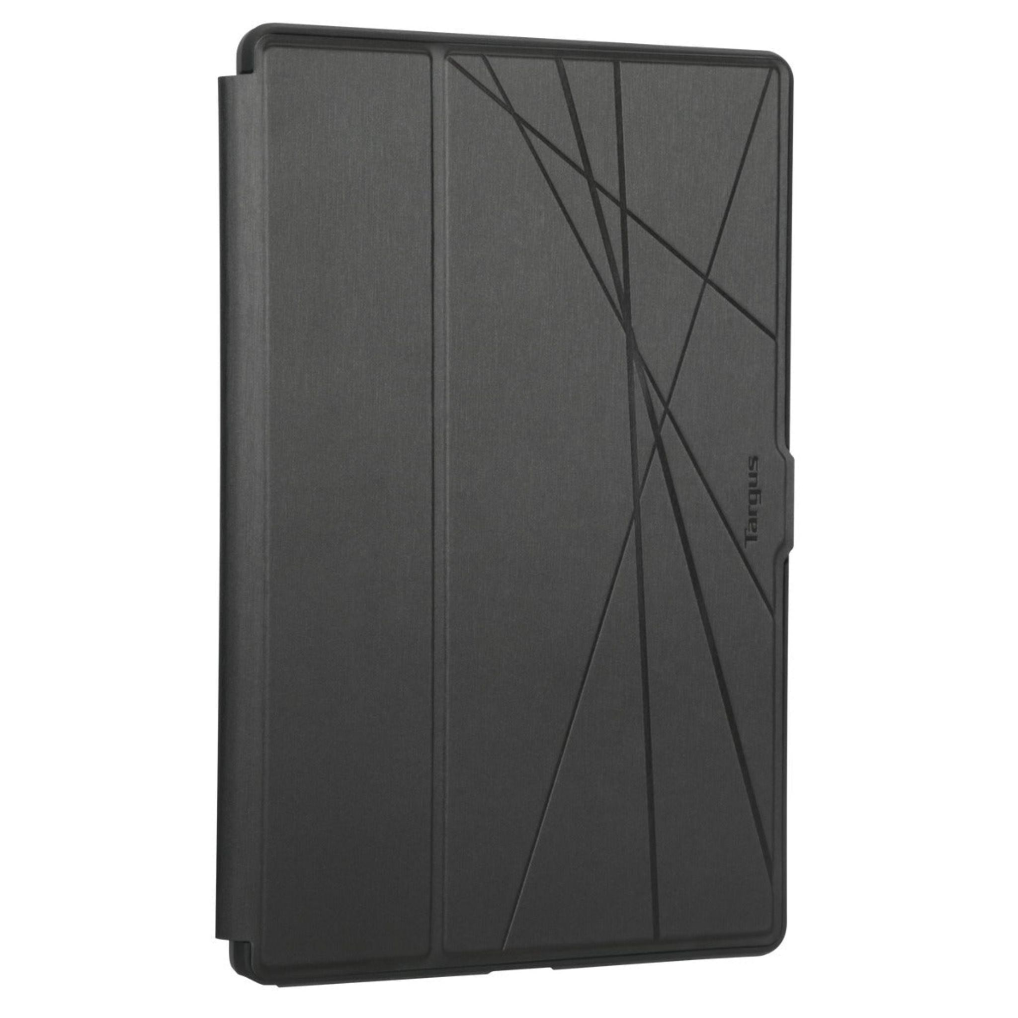 Una custodia nera per tablet con superficie strutturata e design geometrico, logo Targus visibile.