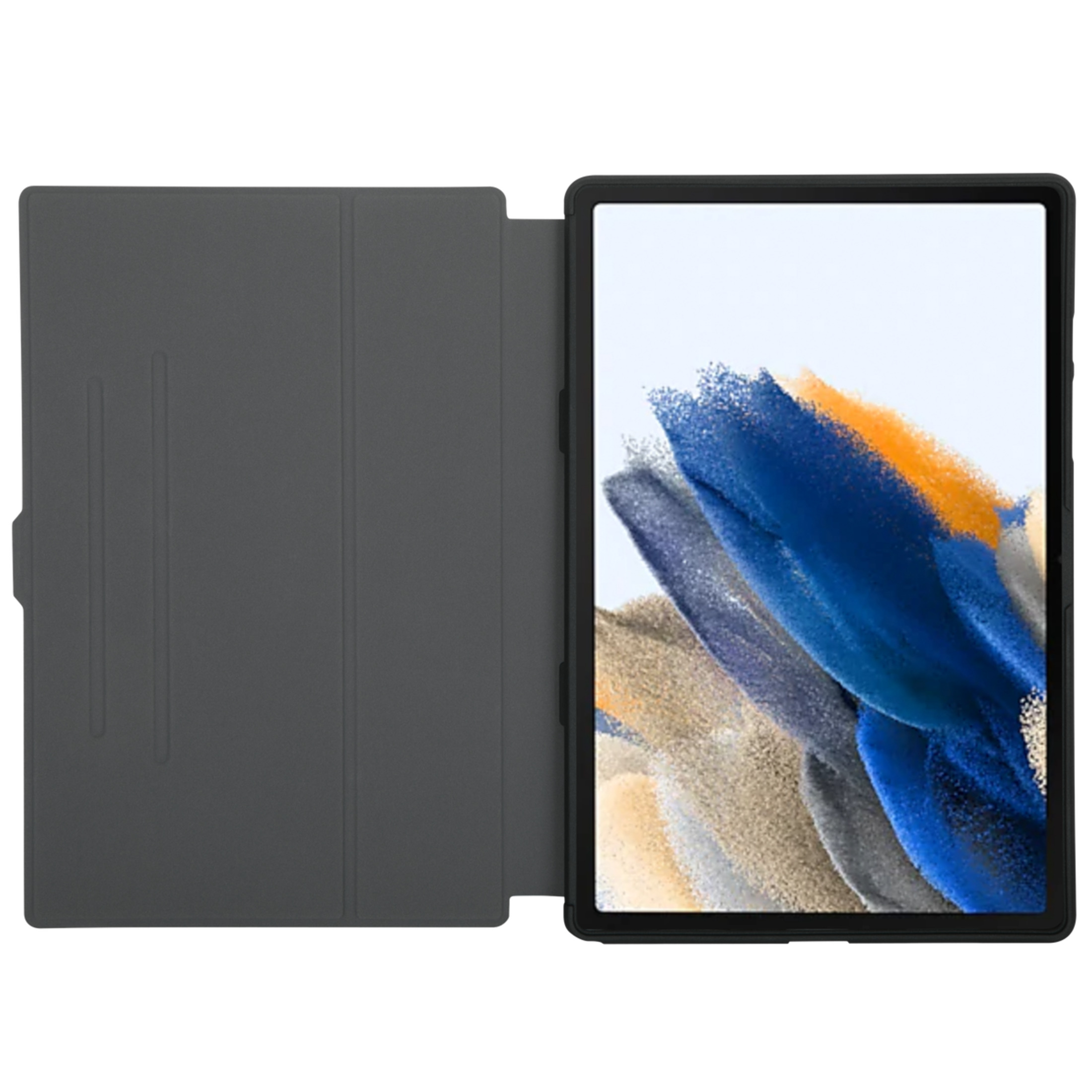 Tablet in grauem Gehäuse, offen. Der Bildschirm zeigt abstrakte Kunst.