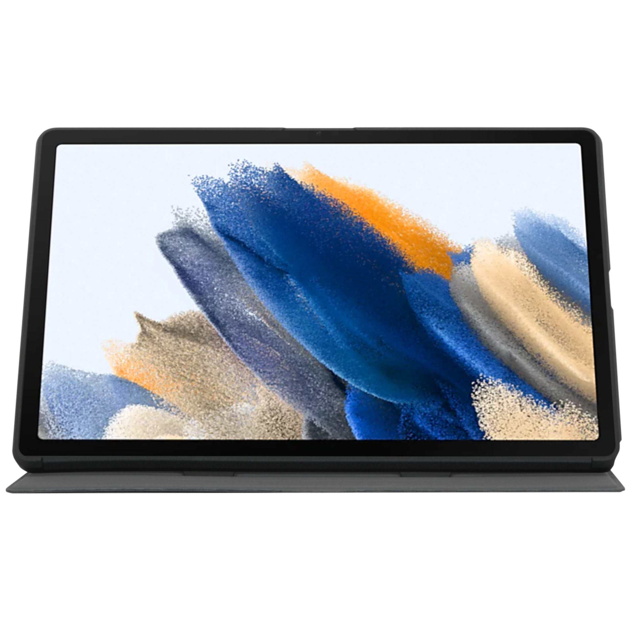 Schwarzes Tablet mit Bildschirm, der bunte abstrakte Kunst zeigt, auf einer Tastaturhülle.