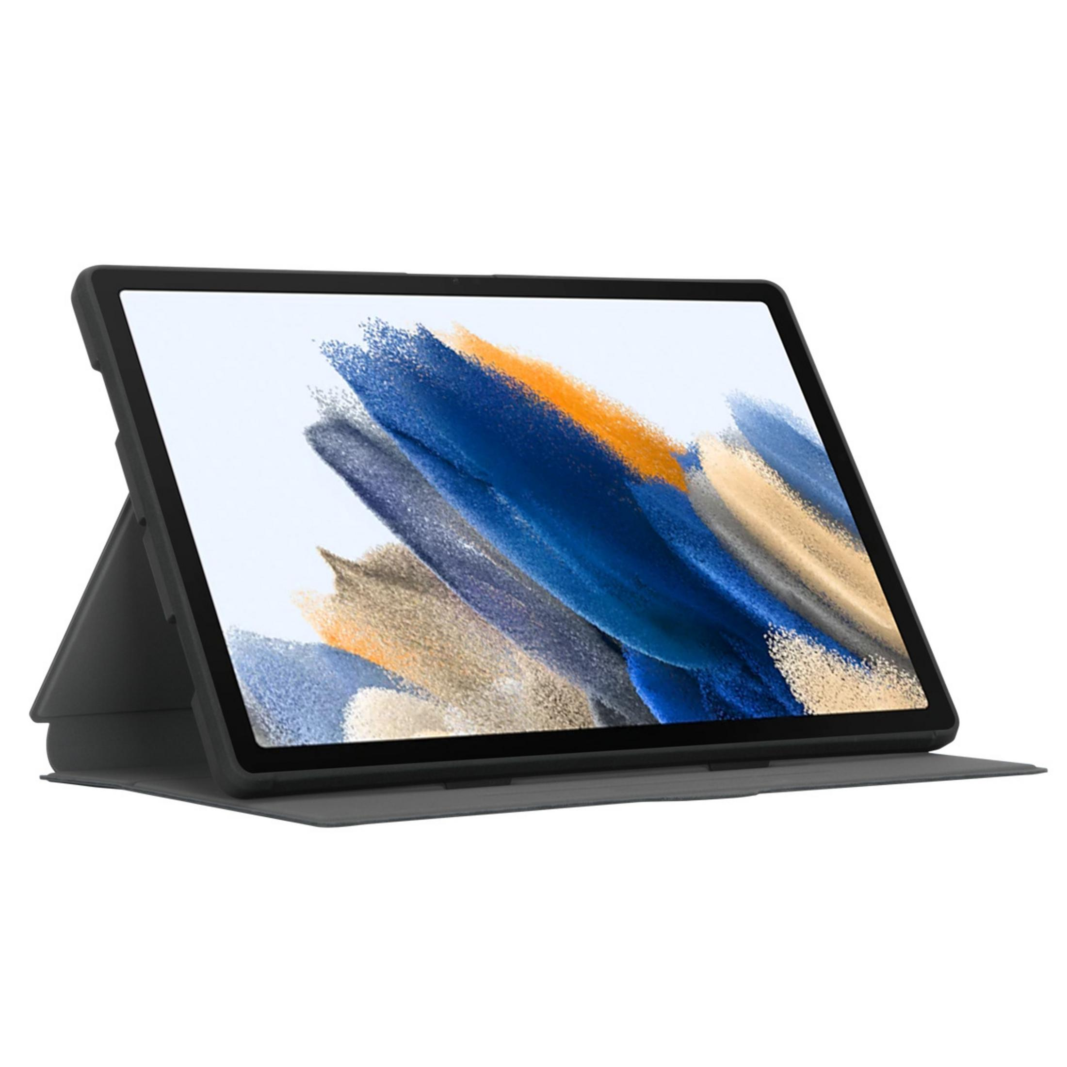 Tablet in grauem Gehäuse, offen. Der Bildschirm zeigt ein farbenfrohes abstraktes Gemälde.