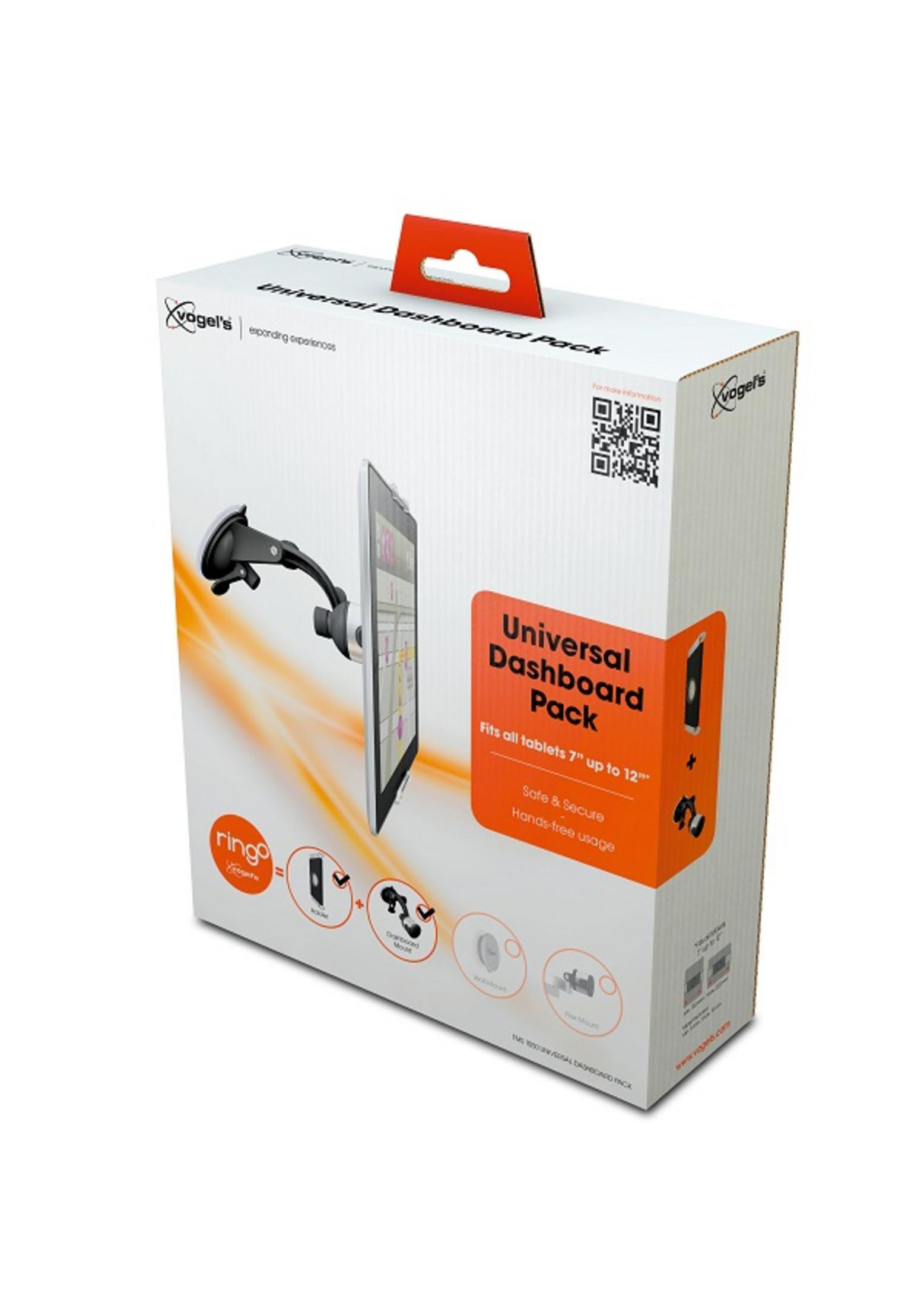 Białe pudełko z obrazem i tekstem uchwytu na tablet. Kolory pomarańczowy i biały.