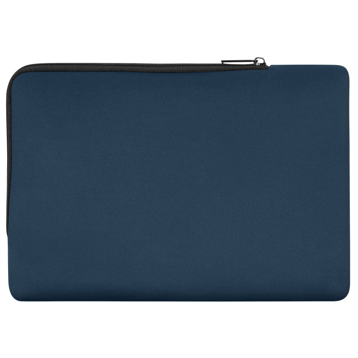 Dunkelblaue Laptoptasche mit schwarzem Reißverschluss auf weißem Hintergrund.
