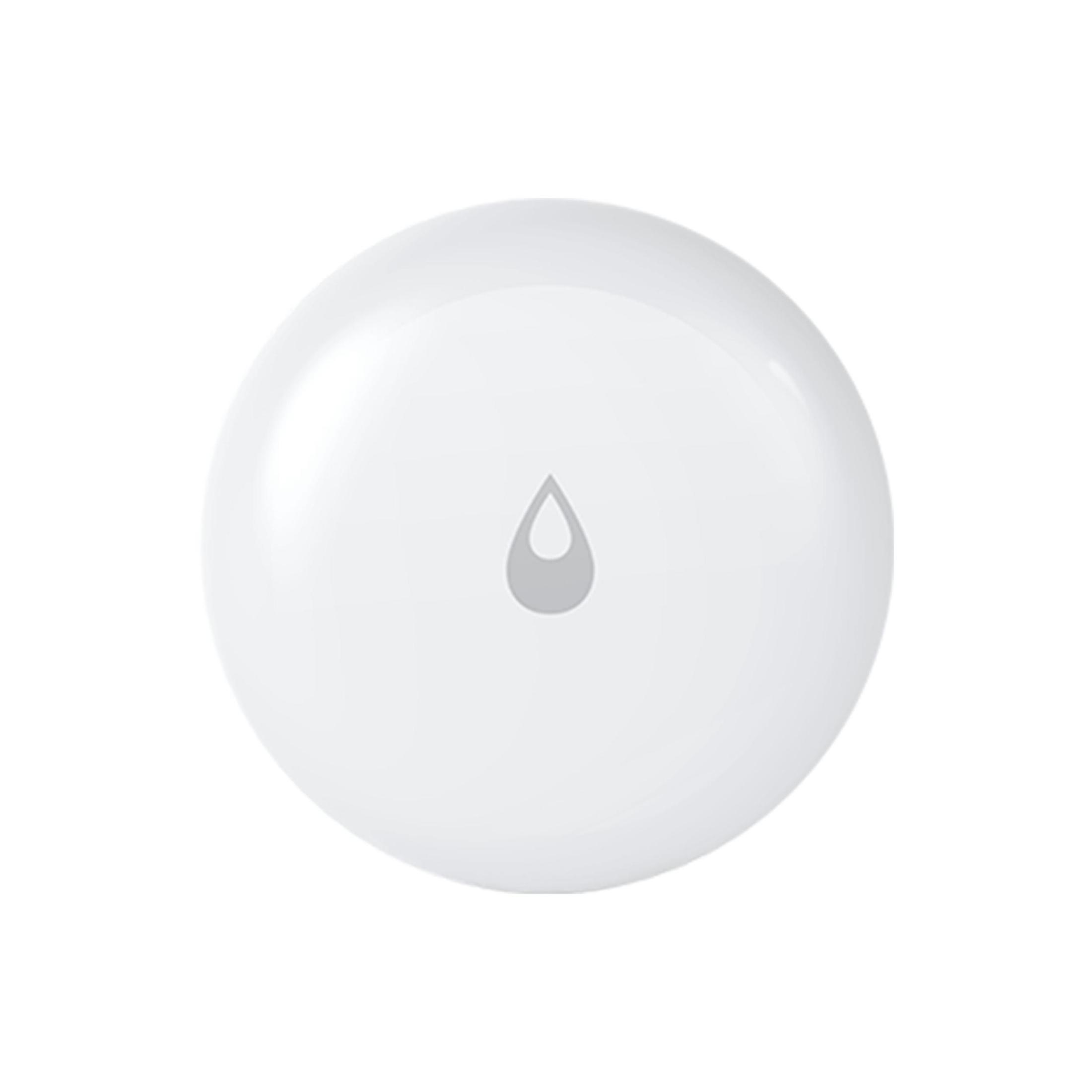 Weißes, rundes Gerät mit grauem Tropfensymbol. Es scheint ein Smart-Home-Sensor zu sein.