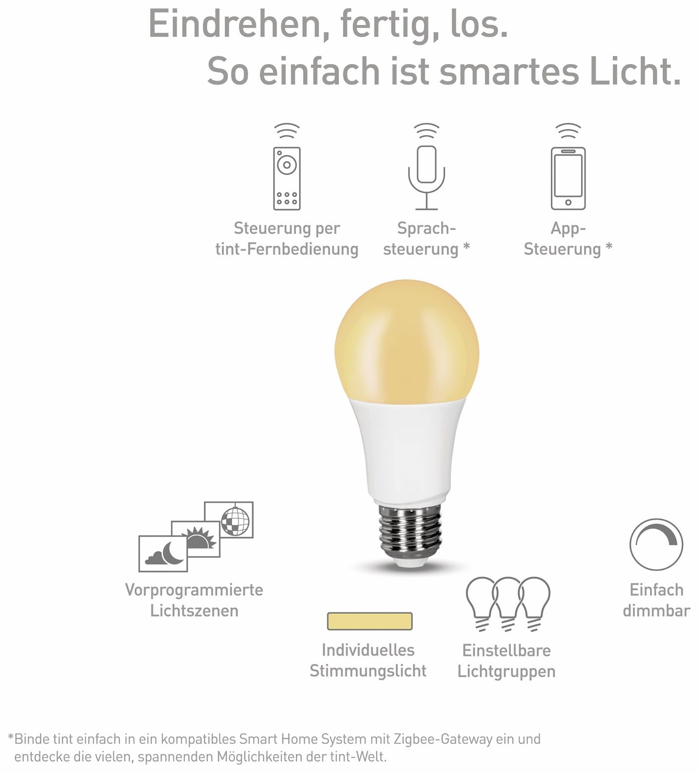 Ein Bild zeigt eine Glühbirne mit Symbolen für Fernbedienung, Sprachsteuerung und App-Steuerung.