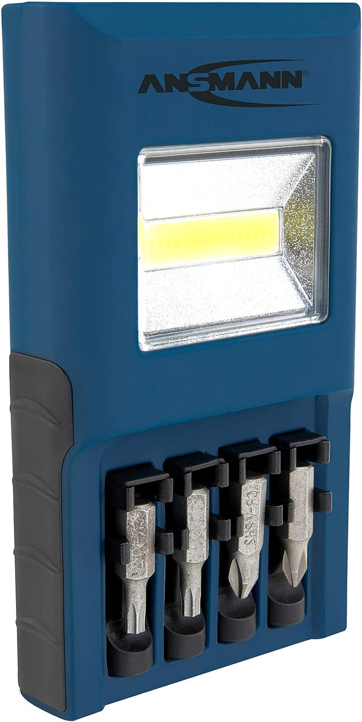 Eine blaue Taschenlampe mit einem Satz Schraubendreherbits.